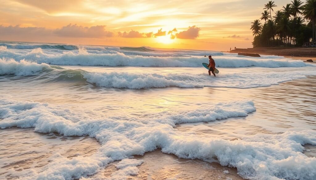 A breathtaking scene of surf waves at a pristine Bali beach, capturing the dynamic motion of the ocean. In the foreground, vibrant foam and sparkling white surf crash against smooth, golden sand, with a few surfers skillfully riding the waves on colorful longboards. The middle ground features rolling waves, glistening under the warm sunlight, with surfers in modest casual attire, showcasing their passion for the sport. The background reveals a stunning sunset sky, painted in hues of orange, pink, and purple, casting a golden glow over the entire scene. The overall mood is exhilarating and serene, with a gentle breeze rustling through palm trees lining the beach. Shot at a low angle to emphasize the waves, using soft, warm lighting to enhance the tranquil yet energetic atmosphere of this surfer's paradise. A breathtaking scene of surf waves at a pristine Bali beach, capturing the dynamic motion of the ocean. In the foreground, vibrant foam and sparkling white surf crash against smooth, golden sand, with a few surfers skillfully riding the waves on colorful longboards. The middle ground features rolling waves, glistening under the warm sunlight, with surfers in modest casual attire, showcasing their passion for the sport. The background reveals a stunning sunset sky, painted in hues of orange, pink, and purple, casting a golden glow over the entire scene. The overall mood is exhilarating and serene, with a gentle breeze rustling through palm trees lining the beach. Shot at a low angle to emphasize the waves, using soft, warm lighting to enhance the tranquil yet energetic atmosphere of this surfer's paradise.