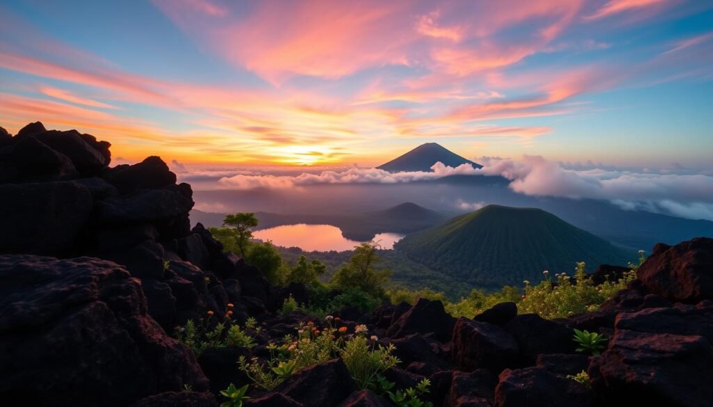 A breathtaking sunrise over Mount Batur in Bali, capturing the vibrant hues of orange and pink as the sun rises above the misty volcanic landscape. In the foreground, rugged dark volcanic rocks frame the scene, dotted with lush greenery and small wildflowers, catching the early morning light. The middle ground features a serene lake, its surface reflecting the colorful sky, surrounded by verdant hills leading up to the majestic Mount Batur, which stands tall against the backdrop of a clear blue sky. Atmospheric clouds drift lazily, adding depth and texture to the scene. The mood is tranquil and inspiring, perfect for avid hikers and nature lovers. The image is shot with a wide-angle lens to capture the expansive beauty, emphasizing the grandeur of the landscape bathed in soft, golden morning light. A breathtaking sunrise over Mount Batur in Bali, capturing the vibrant hues of orange and pink as the sun rises above the misty volcanic landscape. In the foreground, rugged dark volcanic rocks frame the scene, dotted with lush greenery and small wildflowers, catching the early morning light. The middle ground features a serene lake, its surface reflecting the colorful sky, surrounded by verdant hills leading up to the majestic Mount Batur, which stands tall against the backdrop of a clear blue sky. Atmospheric clouds drift lazily, adding depth and texture to the scene. The mood is tranquil and inspiring, perfect for avid hikers and nature lovers. The image is shot with a wide-angle lens to capture the expansive beauty, emphasizing the grandeur of the landscape bathed in soft, golden morning light.
