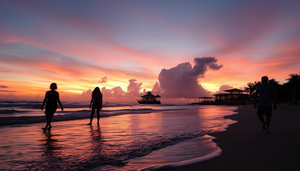 A breathtaking sunset over Double Six Beach in Seminyak, Bali, captured from a low angle perspective. The foreground features gentle waves lapping at the sandy shore, reflecting shades of pink and orange from the vibrant sky. Silhouetted figures in modest casual clothing stroll along the beach, their relaxed posture enhancing the tranquil atmosphere. In the middle ground, a few beach clubs with stylish outdoor seating are visible, adorned with soft, ambient lighting, inviting guests to unwind. The background showcases dramatic clouds painted in rich hues of gold and violet, contrasting with the deepening blue of the ocean. The overall mood is serene and inviting, perfect for a picturesque vacation getaway. Natural lighting enhances the warm, romantic feel of the moment, ideal for illustrating the beauty of Bali's coastline. A breathtaking sunset over Double Six Beach in Seminyak, Bali, captured from a low angle perspective. The foreground features gentle waves lapping at the sandy shore, reflecting shades of pink and orange from the vibrant sky. Silhouetted figures in modest casual clothing stroll along the beach, their relaxed posture enhancing the tranquil atmosphere. In the middle ground, a few beach clubs with stylish outdoor seating are visible, adorned with soft, ambient lighting, inviting guests to unwind. The background showcases dramatic clouds painted in rich hues of gold and violet, contrasting with the deepening blue of the ocean. The overall mood is serene and inviting, perfect for a picturesque vacation getaway. Natural lighting enhances the warm, romantic feel of the moment, ideal for illustrating the beauty of Bali's coastline.