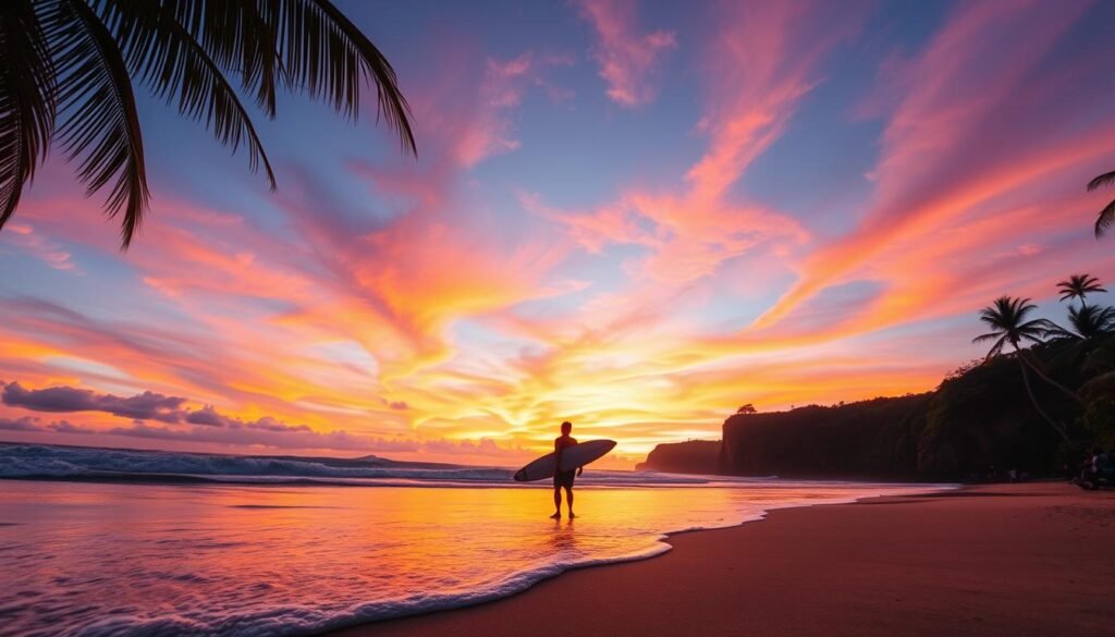 A breathtaking sunset over a tranquil Bali beach, with vibrant hues of orange, pink, and purple merging in the sky. In the foreground, gentle waves lapping at the sandy shore, reflecting the warm colors of the sunset. A few silhouettes of palm trees frame the scene, their leaves softly swaying in the breeze. In the middle ground, a lone surfer carries a surfboard, preparing to catch the last wave of the day, embodying the spirit of adventure. The background features cliffs adorned with lush greenery, creating a stunning contrast against the vibrant sky. The atmosphere is serene and peaceful, evoking a sense of relaxation and natural beauty, captured with a warm golden hour light, from a low angle perspective to enhance the grandeur of the scene. A breathtaking sunset over a tranquil Bali beach, with vibrant hues of orange, pink, and purple merging in the sky. In the foreground, gentle waves lapping at the sandy shore, reflecting the warm colors of the sunset. A few silhouettes of palm trees frame the scene, their leaves softly swaying in the breeze. In the middle ground, a lone surfer carries a surfboard, preparing to catch the last wave of the day, embodying the spirit of adventure. The background features cliffs adorned with lush greenery, creating a stunning contrast against the vibrant sky. The atmosphere is serene and peaceful, evoking a sense of relaxation and natural beauty, captured with a warm golden hour light, from a low angle perspective to enhance the grandeur of the scene.