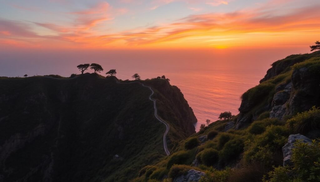A breathtaking sunset view over clifftops overlooking a serene ocean, with vibrant hues of orange, pink, and purple reflecting on the water's surface. In the foreground, rugged cliffs adorned with lush green vegetation create a dramatic impression. Silhouettes of trees cling to the edges, enhancing the natural beauty. In the middle, a narrow, winding pathway invites exploration along the cliff's edge, leading towards the horizon. The background features a gentle horizon where the sun dips below, casting a warm glow. The overall atmosphere is peaceful and awe-inspiring, evoking a sense of serenity and wonder. Soft, diffused lighting enhances the tranquil mood, captured in a wide-angle perspective to emphasize the expansive landscape. A breathtaking sunset view over clifftops overlooking a serene ocean, with vibrant hues of orange, pink, and purple reflecting on the water's surface. In the foreground, rugged cliffs adorned with lush green vegetation create a dramatic impression. Silhouettes of trees cling to the edges, enhancing the natural beauty. In the middle, a narrow, winding pathway invites exploration along the cliff's edge, leading towards the horizon. The background features a gentle horizon where the sun dips below, casting a warm glow. The overall atmosphere is peaceful and awe-inspiring, evoking a sense of serenity and wonder. Soft, diffused lighting enhances the tranquil mood, captured in a wide-angle perspective to emphasize the expansive landscape.