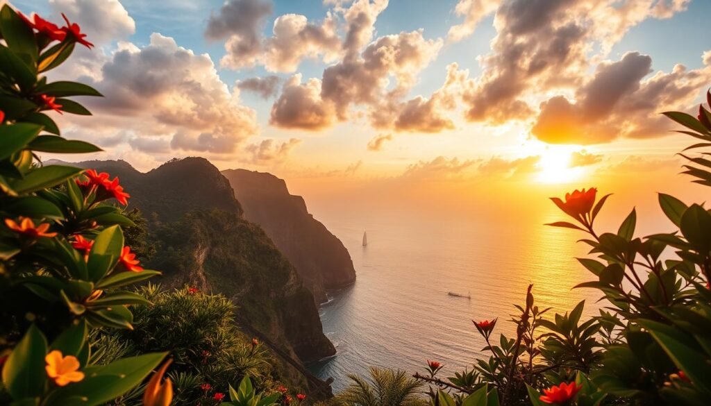 A breathtaking sunset view over the dramatic cliffs of Uluwatu and Ungasan in Bali, Indonesia. In the foreground, lush tropical greenery frames the scene, with vibrant flowers adding splashes of color. In the middle ground, the rugged cliffs rise sharply against the horizon, kissed by warm, golden sunlight. The Atlantic Ocean glimmers in shades of orange, pink, and purple as the sun descends, casting a sparkling reflection on the water. The sky is filled with fluffy clouds that catch the sunset’s hues, emphasizing the serene and mesmerizing atmosphere. The image should evoke tranquility and wonder, with a soft focus on the details and a wide-angle lens perspective to capture the vastness of the scene. The lighting should be warm and inviting, creating a picturesque moment of nature's beauty. A breathtaking sunset view over the dramatic cliffs of Uluwatu and Ungasan in Bali, Indonesia. In the foreground, lush tropical greenery frames the scene, with vibrant flowers adding splashes of color. In the middle ground, the rugged cliffs rise sharply against the horizon, kissed by warm, golden sunlight. The Atlantic Ocean glimmers in shades of orange, pink, and purple as the sun descends, casting a sparkling reflection on the water. The sky is filled with fluffy clouds that catch the sunset’s hues, emphasizing the serene and mesmerizing atmosphere. The image should evoke tranquility and wonder, with a soft focus on the details and a wide-angle lens perspective to capture the vastness of the scene. The lighting should be warm and inviting, creating a picturesque moment of nature's beauty.