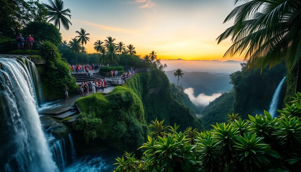 A breathtaking view of Bali's waterfalls, showcasing the cascading water tumbling down lush greenery in the foreground. In the middle ground, two distinct waterfalls can be seen—one a popular, wide cascade surrounded by tourists in modest casual clothing, and the other a hidden gem, framed by tropical plants and creating a serene, secluded atmosphere. The background features the misty outline of towering palm trees and distant mountains under a vibrant, golden sunset. Soft, diffused lighting adds warmth to the scene, highlighting the rich greens of the foliage and the sparkling blue hues of the water. The angle captures the splendor of nature, inviting viewers to immerse themselves in the beauty and tranquility of Bali’s enchanting landscape. A breathtaking view of Bali's waterfalls, showcasing the cascading water tumbling down lush greenery in the foreground. In the middle ground, two distinct waterfalls can be seen—one a popular, wide cascade surrounded by tourists in modest casual clothing, and the other a hidden gem, framed by tropical plants and creating a serene, secluded atmosphere. The background features the misty outline of towering palm trees and distant mountains under a vibrant, golden sunset. Soft, diffused lighting adds warmth to the scene, highlighting the rich greens of the foliage and the sparkling blue hues of the water. The angle captures the splendor of nature, inviting viewers to immerse themselves in the beauty and tranquility of Bali’s enchanting landscape.