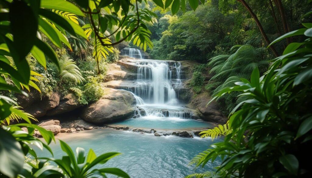 A breathtaking view of Kanto Lampo waterfall in Bali, featuring cascading water gracefully flowing over rocky tiers. In the foreground, lush green foliage frames the scene, with vibrant tropical plants and ferns creating a serene oasis. The middle ground showcases the waterfall's clear turquoise water, surrounded by smooth stones and mist rising from the falls, adding a dynamic element. In the background, dense jungle provides a sense of depth and tranquility, with dappled sunlight filtering through the leaves, casting soft shadows. The atmosphere is peaceful and rejuvenating, ideal for nature lovers seeking quick escapades. Use a wide-angle lens to capture the grandeur of the waterfall from a slightly elevated angle, emphasizing the natural beauty and lush surroundings. A breathtaking view of Kanto Lampo waterfall in Bali, featuring cascading water gracefully flowing over rocky tiers. In the foreground, lush green foliage frames the scene, with vibrant tropical plants and ferns creating a serene oasis. The middle ground showcases the waterfall's clear turquoise water, surrounded by smooth stones and mist rising from the falls, adding a dynamic element. In the background, dense jungle provides a sense of depth and tranquility, with dappled sunlight filtering through the leaves, casting soft shadows. The atmosphere is peaceful and rejuvenating, ideal for nature lovers seeking quick escapades. Use a wide-angle lens to capture the grandeur of the waterfall from a slightly elevated angle, emphasizing the natural beauty and lush surroundings.