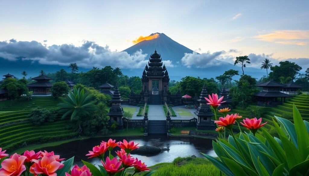A breathtaking view of Mount Agung, the majestic volcano in Bali, surrounded by lush green rice terraces and traditional Balinese temples. In the foreground, include vibrant tropical flowers and a serene river reflecting the mountain’s silhouette. The middle ground features the iconic Lempuyang Temple with its grand gates leading towards the peak, framed by mystical fog that gives a sense of spirituality. In the background, Mount Agung rises dramatically into the sky, its summit crowned with wisps of clouds, illuminated by soft, golden sunrise light. Capture this landscape with a wide-angle lens to emphasize its grandeur, evoking a peaceful and sacred atmosphere, perfect for pilgrimage and reflection. A breathtaking view of Mount Agung, the majestic volcano in Bali, surrounded by lush green rice terraces and traditional Balinese temples. In the foreground, include vibrant tropical flowers and a serene river reflecting the mountain’s silhouette. The middle ground features the iconic Lempuyang Temple with its grand gates leading towards the peak, framed by mystical fog that gives a sense of spirituality. In the background, Mount Agung rises dramatically into the sky, its summit crowned with wisps of clouds, illuminated by soft, golden sunrise light. Capture this landscape with a wide-angle lens to emphasize its grandeur, evoking a peaceful and sacred atmosphere, perfect for pilgrimage and reflection.