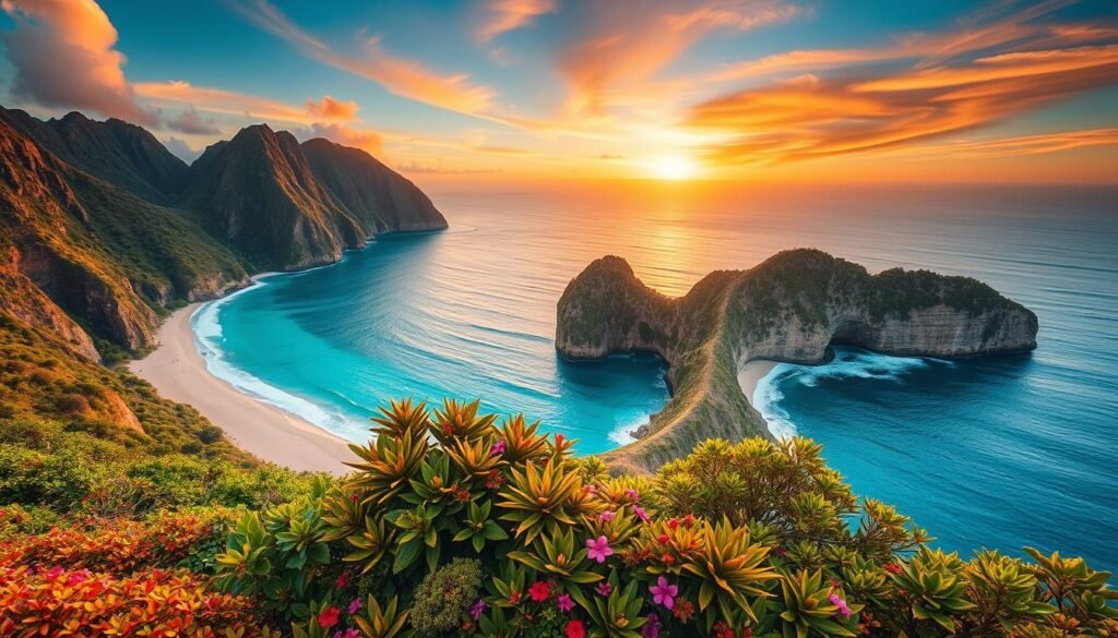 A breathtaking view of Nusa Penida, showcasing its dramatic coastline with towering cliffs and lush greenery. In the foreground, vibrant tropical plants and flowering shrubs add color, while a serene beach with soft white sand gently curves along the shore. The middle ground features the iconic Kelingking Beach, highlighted by its unique T-Rex shape, with turquoise waters crashing against the rocky cliffs. In the background, a vivid sunset bathes the scene in warm golden hues, casting soft reflections on the water. The sky is painted with streaks of orange and pink, enhancing the magical atmosphere. Capture this landscape from an elevated angle, simulating a drone shot to emphasize the island's beauty and allure, perfect for travelers seeking adventure. A breathtaking view of Nusa Penida, showcasing its dramatic coastline with towering cliffs and lush greenery. In the foreground, vibrant tropical plants and flowering shrubs add color, while a serene beach with soft white sand gently curves along the shore. The middle ground features the iconic Kelingking Beach, highlighted by its unique T-Rex shape, with turquoise waters crashing against the rocky cliffs. In the background, a vivid sunset bathes the scene in warm golden hues, casting soft reflections on the water. The sky is painted with streaks of orange and pink, enhancing the magical atmosphere. Capture this landscape from an elevated angle, simulating a drone shot to emphasize the island's beauty and allure, perfect for travelers seeking adventure.