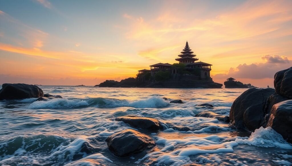 A breathtaking view of Tanah Lot, a famous sea temple in Bali, standing majestically on a rocky cliff surrounded by the ocean. In the foreground, gentle waves crash against the rocks, reflecting the warm colors of the sunset. The middle ground features the intricately designed temple with its traditional Balinese architecture, showcasing its dark stone against the vibrant sky. The background is painted with soft hues of orange, pink, and purple as the sun descends towards the horizon, creating a serene atmosphere. Use a wide-angle lens to capture the expansive coastal view, highlighting the lush vegetation that frames the scene. The mood is tranquil and awe-inspiring, inviting travelers to experience the beauty of this iconic landmark. A breathtaking view of Tanah Lot, a famous sea temple in Bali, standing majestically on a rocky cliff surrounded by the ocean. In the foreground, gentle waves crash against the rocks, reflecting the warm colors of the sunset. The middle ground features the intricately designed temple with its traditional Balinese architecture, showcasing its dark stone against the vibrant sky. The background is painted with soft hues of orange, pink, and purple as the sun descends towards the horizon, creating a serene atmosphere. Use a wide-angle lens to capture the expansive coastal view, highlighting the lush vegetation that frames the scene. The mood is tranquil and awe-inspiring, inviting travelers to experience the beauty of this iconic landmark.