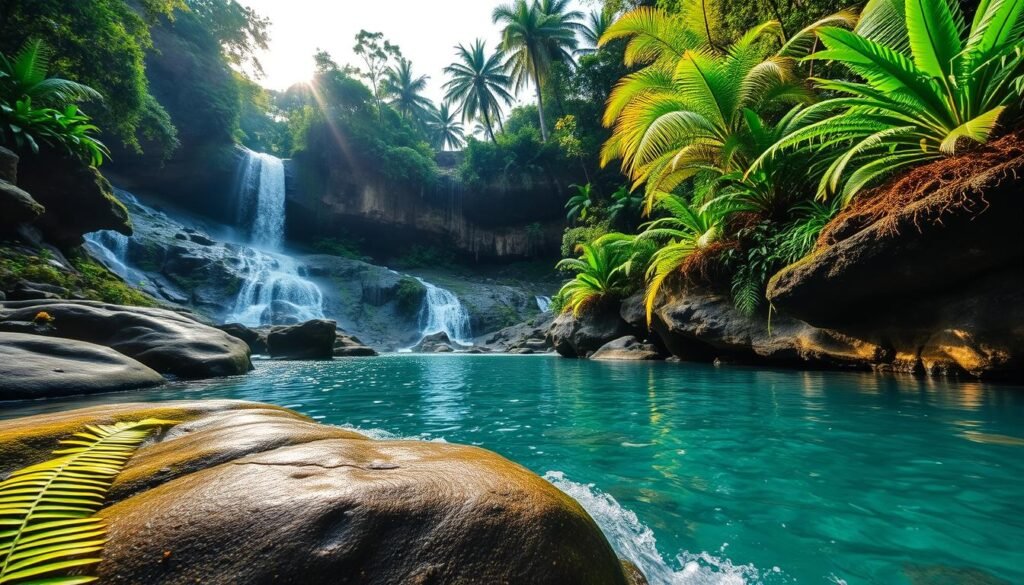 A breathtaking view of Tukad Cepung Waterfall in Bali, showcasing its unique hidden charm. In the foreground, the crystal-clear water cascades gracefully over smooth, moss-covered rocks, surrounded by vibrant green ferns and tropical plants. The middle ground features the waterfall framed by rugged cliffs with lush vegetation, capturing the moment sunlight filters through the canopy above, creating shimmering reflections on the water's surface. In the background, dense tropical trees rise majestically, partially veiling the sky. The scene is illuminated with soft, golden light, evoking a tranquil and serene atmosphere, inviting viewers into this enchanting outdoor oasis. The composition is wide-angle, accentuating the grandeur of nature. A breathtaking view of Tukad Cepung Waterfall in Bali, showcasing its unique hidden charm. In the foreground, the crystal-clear water cascades gracefully over smooth, moss-covered rocks, surrounded by vibrant green ferns and tropical plants. The middle ground features the waterfall framed by rugged cliffs with lush vegetation, capturing the moment sunlight filters through the canopy above, creating shimmering reflections on the water's surface. In the background, dense tropical trees rise majestically, partially veiling the sky. The scene is illuminated with soft, golden light, evoking a tranquil and serene atmosphere, inviting viewers into this enchanting outdoor oasis. The composition is wide-angle, accentuating the grandeur of nature.