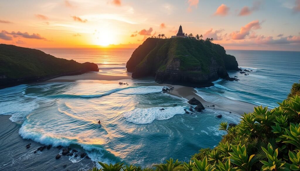 A breathtaking view of Uluwatu Coast at sunset, showcasing the dramatic cliffs and pristine beaches. In the foreground, gentle waves lapping at the sandy shore, with a few surfers skillfully riding the surf. The middle ground features vibrant green tropical vegetation and a serene beach with scattered rocks. In the background, the iconic Uluwatu Temple perched on the cliff edge, with the sun setting behind it, casting warm oranges and pinks across the sky, reflecting off the ocean. The scene is illuminated by soft, natural lighting, creating a tranquil and inviting atmosphere. Capture this idyllic moment with a wide-angle lens to encompass the vast beauty of this beach zone. The image should be vibrant, highlighting the essence of Bali's coastal paradise. A breathtaking view of Uluwatu Coast at sunset, showcasing the dramatic cliffs and pristine beaches. In the foreground, gentle waves lapping at the sandy shore, with a few surfers skillfully riding the surf. The middle ground features vibrant green tropical vegetation and a serene beach with scattered rocks. In the background, the iconic Uluwatu Temple perched on the cliff edge, with the sun setting behind it, casting warm oranges and pinks across the sky, reflecting off the ocean. The scene is illuminated by soft, natural lighting, creating a tranquil and inviting atmosphere. Capture this idyllic moment with a wide-angle lens to encompass the vast beauty of this beach zone. The image should be vibrant, highlighting the essence of Bali's coastal paradise.