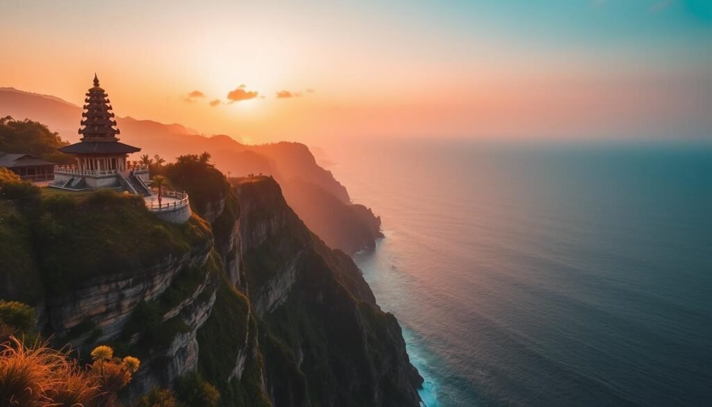 A breathtaking view of Uluwatu Temple perched dramatically on a steep cliff, overlooking the deep blue ocean. The temple, with its traditional Balinese architecture and intricately carved details, stands in the foreground, bathed in warm golden hues as the sun sets on the horizon. In the middle ground, rocky cliffs rise majestically, their textures highlighted by the soft, warm light of dusk, while a few wispy clouds catch the fading sunlight. The background showcases the vast ocean, reflecting the pink and orange tones of the sunset sky. Capture this stunning scene with a wide-angle lens to emphasize the height of the cliffs and the grandeur of the temple, creating a calm and serene atmosphere that invites admiration and contemplation. No human figures are present, ensuring a peaceful, untouched landscape. A breathtaking view of Uluwatu Temple perched dramatically on a steep cliff, overlooking the deep blue ocean. The temple, with its traditional Balinese architecture and intricately carved details, stands in the foreground, bathed in warm golden hues as the sun sets on the horizon. In the middle ground, rocky cliffs rise majestically, their textures highlighted by the soft, warm light of dusk, while a few wispy clouds catch the fading sunlight. The background showcases the vast ocean, reflecting the pink and orange tones of the sunset sky. Capture this stunning scene with a wide-angle lens to emphasize the height of the cliffs and the grandeur of the temple, creating a calm and serene atmosphere that invites admiration and contemplation. No human figures are present, ensuring a peaceful, untouched landscape.