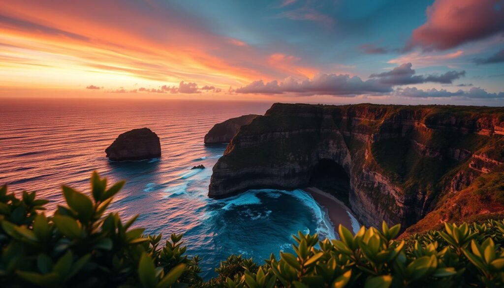 A breathtaking view of Uluwatu, showcasing dramatic clifftop scenery, with lush greenery in the foreground. The middle ground features rugged cliffs meeting the azure waves of the Indian Ocean, captured from a slightly elevated angle to emphasize the height and depth of the coast. In the background, a vibrant sunset paints the sky in shades of orange and pink, reflecting off the water's surface and creating a warm, inviting atmosphere. Enveloping this scene is a peaceful ambiance, where the soft sounds of waves crashing against the rocks can almost be felt. Ensure the composition captures the essence of adventure and tranquility, inviting the viewer to experience the beauty of hidden beaches and epic surf. The lighting should be natural, evoking the golden hour glow. A breathtaking view of Uluwatu, showcasing dramatic clifftop scenery, with lush greenery in the foreground. The middle ground features rugged cliffs meeting the azure waves of the Indian Ocean, captured from a slightly elevated angle to emphasize the height and depth of the coast. In the background, a vibrant sunset paints the sky in shades of orange and pink, reflecting off the water's surface and creating a warm, inviting atmosphere. Enveloping this scene is a peaceful ambiance, where the soft sounds of waves crashing against the rocks can almost be felt. Ensure the composition captures the essence of adventure and tranquility, inviting the viewer to experience the beauty of hidden beaches and epic surf. The lighting should be natural, evoking the golden hour glow.