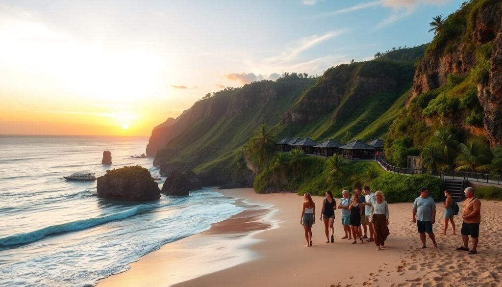 A breathtaking view of Uluwatu, showcasing stunning cliffs and pristine beaches. In the foreground, a serene sandy beach with gentle waves lapping at the shore, where a small group of diverse tourists in modest casual clothing are enjoying the scenery. The middle ground features dramatic, rugged cliffs with vibrant green vegetation, punctuated by a few rustic beach clubs with thatched roofs. The background reveals a vivid sunset casting warm golden and orange hues across the sky, reflecting on the water's surface. The atmosphere is tranquil and inviting, capturing the essence of Uluwatu as a must-visit destination. Shoot from a slight elevation angle to encompass both the cliffs and the coastline, with soft, diffused lighting to enhance the beauty of the scene. A breathtaking view of Uluwatu, showcasing stunning cliffs and pristine beaches. In the foreground, a serene sandy beach with gentle waves lapping at the shore, where a small group of diverse tourists in modest casual clothing are enjoying the scenery. The middle ground features dramatic, rugged cliffs with vibrant green vegetation, punctuated by a few rustic beach clubs with thatched roofs. The background reveals a vivid sunset casting warm golden and orange hues across the sky, reflecting on the water's surface. The atmosphere is tranquil and inviting, capturing the essence of Uluwatu as a must-visit destination. Shoot from a slight elevation angle to encompass both the cliffs and the coastline, with soft, diffused lighting to enhance the beauty of the scene.