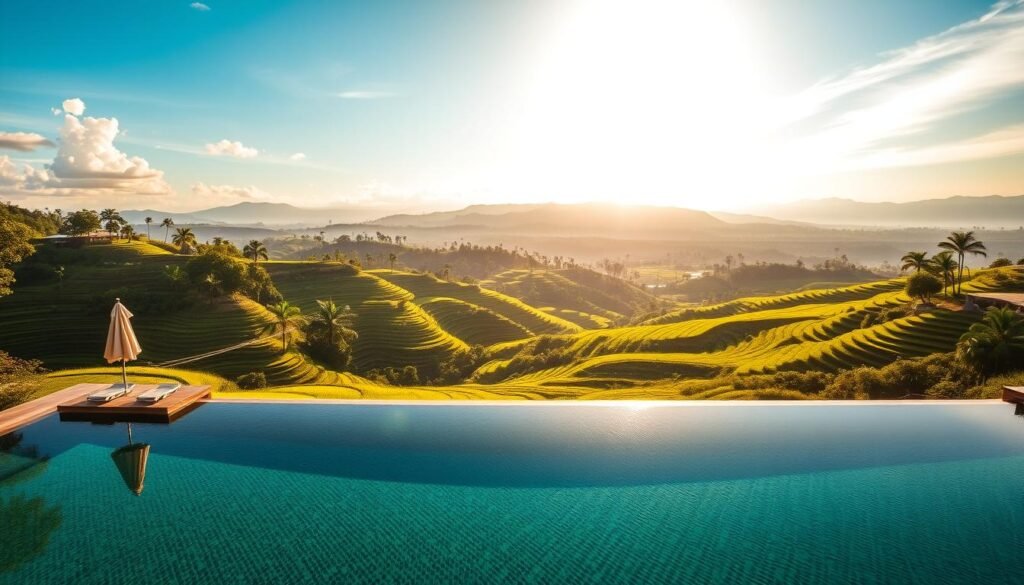 A breathtaking view of lush green rice terraces in Ubud bathed in golden sunlight. In the foreground, a serene infinity pool reflects the vibrant colors of the sky, with a stylish day club featuring elegant loungers and umbrellas. The middle ground showcases tiered rice fields, their vibrant green contrasting beautifully with the rich earth tones of the terraces. In the background, gentle hills and distant mountains create a picturesque landscape. The scene is illuminated by a warm, soft light of late afternoon, enhancing the calming and relaxing atmosphere. The mood is tranquil and inviting, perfect for a day of leisure. Ensure no people are included in the image, maintaining focus on the stunning natural beauty and ambiance of the location. A breathtaking view of lush green rice terraces in Ubud bathed in golden sunlight. In the foreground, a serene infinity pool reflects the vibrant colors of the sky, with a stylish day club featuring elegant loungers and umbrellas. The middle ground showcases tiered rice fields, their vibrant green contrasting beautifully with the rich earth tones of the terraces. In the background, gentle hills and distant mountains create a picturesque landscape. The scene is illuminated by a warm, soft light of late afternoon, enhancing the calming and relaxing atmosphere. The mood is tranquil and inviting, perfect for a day of leisure. Ensure no people are included in the image, maintaining focus on the stunning natural beauty and ambiance of the location.