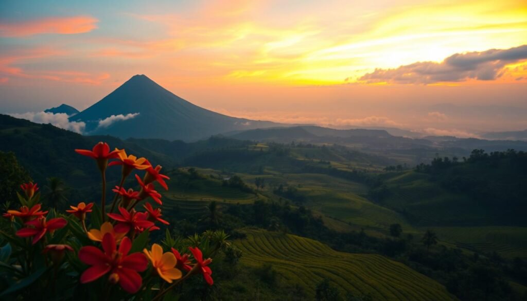 A breathtaking view of the Kintamani volcano at sunrise, showcasing its majestic peak surrounded by lush greenery and distant rice terraces in Jatiluwih. In the foreground, vibrant tropical flowers bloom, adding rich color. The midground features the expansive, verdant rice paddies reflecting hues of gold and green, with intricate patterns leading towards the horizon. The background highlights the dramatic silhouette of the volcano against a sky painted in warm pinks, oranges, and subtle blues, capturing the serenity of dawn. Soft mist wisps gently rise from the valleys, creating a mystical ambiance. The image is composed with a wide-angle lens to emphasize the vast landscape, with a focus on the soft light illuminating the scene, evoking a peaceful and awe-inspiring atmosphere. A breathtaking view of the Kintamani volcano at sunrise, showcasing its majestic peak surrounded by lush greenery and distant rice terraces in Jatiluwih. In the foreground, vibrant tropical flowers bloom, adding rich color. The midground features the expansive, verdant rice paddies reflecting hues of gold and green, with intricate patterns leading towards the horizon. The background highlights the dramatic silhouette of the volcano against a sky painted in warm pinks, oranges, and subtle blues, capturing the serenity of dawn. Soft mist wisps gently rise from the valleys, creating a mystical ambiance. The image is composed with a wide-angle lens to emphasize the vast landscape, with a focus on the soft light illuminating the scene, evoking a peaceful and awe-inspiring atmosphere.