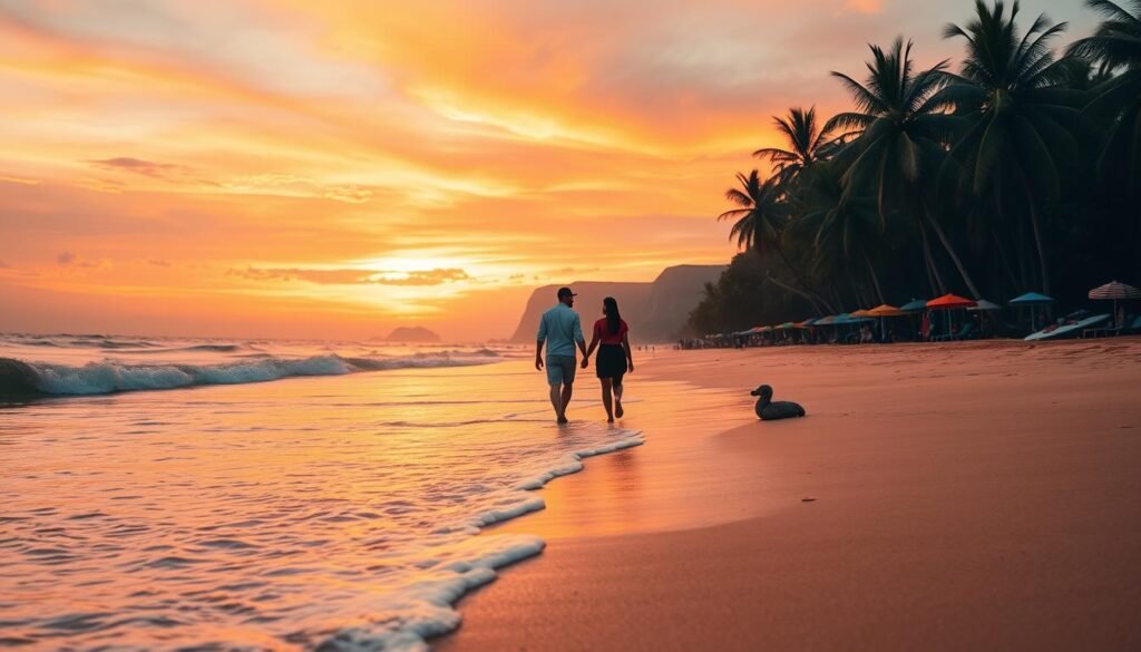 A captivating beach scene showcasing the beauty of Bali at sunset. In the foreground, gentle waves lap at the shore, reflecting the warm orange and pink hues of the setting sun. Fringed with lush palm trees, the sand is golden and inviting. In the middle ground, a couple in modest casual clothing walks hand in hand, their silhouettes framed against the vibrant sky. Colorful beach umbrellas and surfboards add pops of color to the scene. In the background, distant cliffs rise majestically, silhouetted against the colorful sunset. The lighting is soft and warm, creating a romantic and serene atmosphere, ideal for capturing the essence of Bali's photogenic beaches. The image should feel inviting and calming, suggesting a perfect evening by the sea. A captivating beach scene showcasing the beauty of Bali at sunset. In the foreground, gentle waves lap at the shore, reflecting the warm orange and pink hues of the setting sun. Fringed with lush palm trees, the sand is golden and inviting. In the middle ground, a couple in modest casual clothing walks hand in hand, their silhouettes framed against the vibrant sky. Colorful beach umbrellas and surfboards add pops of color to the scene. In the background, distant cliffs rise majestically, silhouetted against the colorful sunset. The lighting is soft and warm, creating a romantic and serene atmosphere, ideal for capturing the essence of Bali's photogenic beaches. The image should feel inviting and calming, suggesting a perfect evening by the sea.
