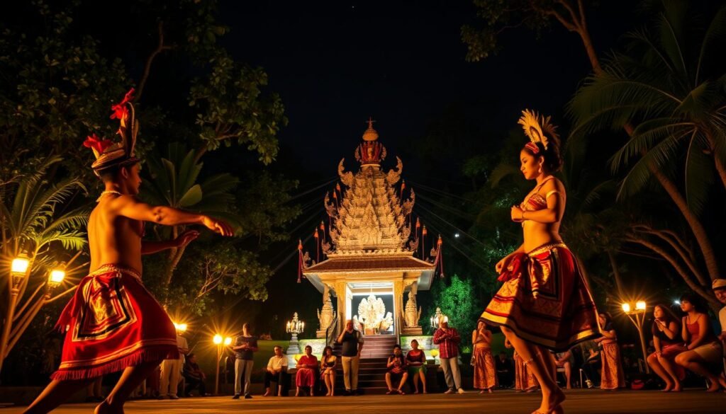A captivating scene showcasing a Balinese dance performance at night, featuring performers in traditional, intricately designed costumes with vibrant colors and decorative headpieces. In the foreground, a male dancer executes a dynamic pose, while a female dancer balances gracefully, their expressions full of emotion. The middle ground includes the audience, captivated by the performance, surrounded by lush tropical foliage illuminated by soft, warm lighting. The background reveals a beautifully decorated temple with glowing offerings, under a starlit sky. The mood is enchanting and mystical, evoking the rich cultural heritage of Bali. Shot from a low angle to emphasize the dancers and the temple, with a wide aperture for a dreamy bokeh effect on the surrounding trees. A captivating scene showcasing a Balinese dance performance at night, featuring performers in traditional, intricately designed costumes with vibrant colors and decorative headpieces. In the foreground, a male dancer executes a dynamic pose, while a female dancer balances gracefully, their expressions full of emotion. The middle ground includes the audience, captivated by the performance, surrounded by lush tropical foliage illuminated by soft, warm lighting. The background reveals a beautifully decorated temple with glowing offerings, under a starlit sky. The mood is enchanting and mystical, evoking the rich cultural heritage of Bali. Shot from a low angle to emphasize the dancers and the temple, with a wide aperture for a dreamy bokeh effect on the surrounding trees.