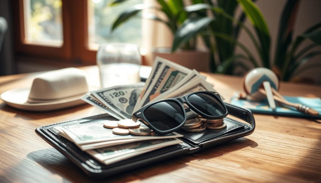 A close-up view of an open wallet filled with assorted U.S. currency, including crisp dollar bills and shiny coins, resting on a wooden table. In the background, soft tropical plants and beach paraphernalia subtly hint at a serene Bali setting. Natural sunlight streams through a nearby window, casting gentle shadows and creating a warm, inviting atmosphere. The wallet is styled with a minimalist design, showcasing its contents prominently. In the middle layer, a pair of stylish sunglasses and a travel guide booklet can be seen partially open, reinforcing the travel theme. The overall mood is relaxed and aspirational, perfect for a vacation planning vibe. A close-up view of an open wallet filled with assorted U.S. currency, including crisp dollar bills and shiny coins, resting on a wooden table. In the background, soft tropical plants and beach paraphernalia subtly hint at a serene Bali setting. Natural sunlight streams through a nearby window, casting gentle shadows and creating a warm, inviting atmosphere. The wallet is styled with a minimalist design, showcasing its contents prominently. In the middle layer, a pair of stylish sunglasses and a travel guide booklet can be seen partially open, reinforcing the travel theme. The overall mood is relaxed and aspirational, perfect for a vacation planning vibe.