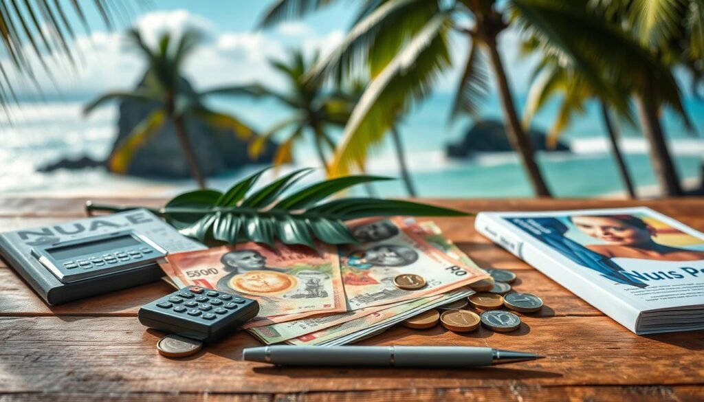 A detailed flat lay arrangement showcasing Indonesian Rupiah (IDR) banknotes and coins, neatly arranged on a rustic wooden table. Surround the currency with travel essentials like a tropical leaf, a small calculator, a travel guidebook, and a pen, symbolizing budgeting. Soft natural lighting filters from the left, enhancing the textures of the currency and the vibrant colors of the banknotes. The background features blurred silhouettes of palm trees and a serene beach scene of Nusa Penida, hinting at the island's beauty without distracting from the main subject. The atmosphere is calm, inviting the viewer to reflect on financial planning for travel. The image should evoke a sense of organization and readiness for adventure. A detailed flat lay arrangement showcasing Indonesian Rupiah (IDR) banknotes and coins, neatly arranged on a rustic wooden table. Surround the currency with travel essentials like a tropical leaf, a small calculator, a travel guidebook, and a pen, symbolizing budgeting. Soft natural lighting filters from the left, enhancing the textures of the currency and the vibrant colors of the banknotes. The background features blurred silhouettes of palm trees and a serene beach scene of Nusa Penida, hinting at the island's beauty without distracting from the main subject. The atmosphere is calm, inviting the viewer to reflect on financial planning for travel. The image should evoke a sense of organization and readiness for adventure.