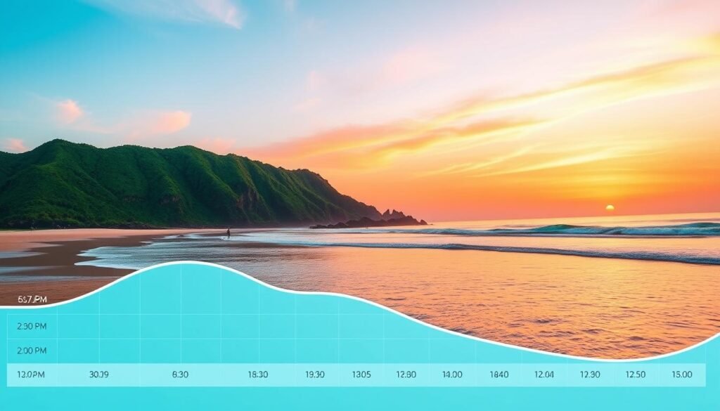 A detailed tide chart illustration for Bali's coastline, designed to visually convey tidal patterns and their significance for beach activities. In the foreground, a clean, stylized tide chart grid displaying various tide levels and times, with colors ranging from soft blue to vibrant turquoise to represent low and high tides. The middle ground features a serene beach scene at sunset, with gentle waves lapping at the shore, and a few surfers catching waves in the distance. In the background, lush green cliffs rise against an orange and pink sunset sky, creating a tranquil atmosphere. The lighting is warm and inviting, highlighting the curvature of the tides. The overall mood is calm and educational, perfect for illustrating tidal safety and ocean etiquette without any text or distractions. A detailed tide chart illustration for Bali's coastline, designed to visually convey tidal patterns and their significance for beach activities. In the foreground, a clean, stylized tide chart grid displaying various tide levels and times, with colors ranging from soft blue to vibrant turquoise to represent low and high tides. The middle ground features a serene beach scene at sunset, with gentle waves lapping at the shore, and a few surfers catching waves in the distance. In the background, lush green cliffs rise against an orange and pink sunset sky, creating a tranquil atmosphere. The lighting is warm and inviting, highlighting the curvature of the tides. The overall mood is calm and educational, perfect for illustrating tidal safety and ocean etiquette without any text or distractions.