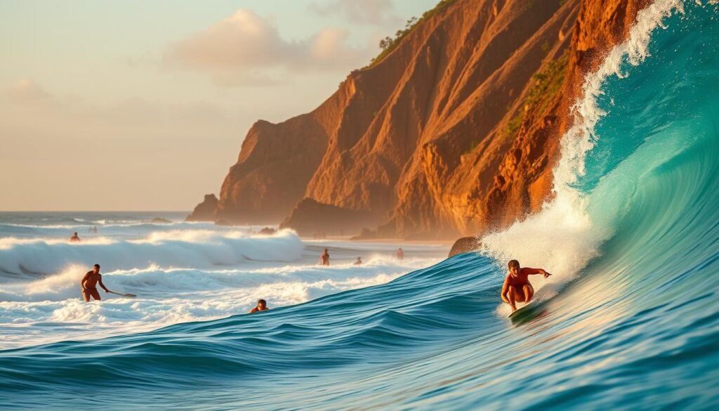 A dynamic scene of surfing at Uluwatu, showcasing a skilled surfer catching a large wave in the foreground, dressed in a bright wetsuit. The middle layer features other surfers paddling and riding waves, with cliffside beach clubs in the background. The dramatic cliffs of Uluwatu are visible, bathed in the golden glow of a sunset that enhances the turquoise ocean waves. The lighting is warm and inviting, capturing the energy of the moment. Use a wide-angle lens to emphasize the scale and movement of the waves, evoking a sense of exhilaration and freedom. The mood is energetic and vibrant, reflecting the thrill of surfing in this picturesque paradise. A dynamic scene of surfing at Uluwatu, showcasing a skilled surfer catching a large wave in the foreground, dressed in a bright wetsuit. The middle layer features other surfers paddling and riding waves, with cliffside beach clubs in the background. The dramatic cliffs of Uluwatu are visible, bathed in the golden glow of a sunset that enhances the turquoise ocean waves. The lighting is warm and inviting, capturing the energy of the moment. Use a wide-angle lens to emphasize the scale and movement of the waves, evoking a sense of exhilaration and freedom. The mood is energetic and vibrant, reflecting the thrill of surfing in this picturesque paradise.