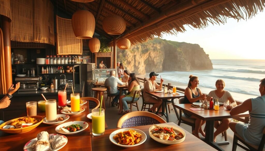 A lively Uluwatu restaurant scene showcasing a mix of traditional Indonesian warungs and modern beach cafés. In the foreground, a cozy warung with woven bamboo decor, wooden tables, and colorful local dishes like nasi goreng and fresh seafood presented on vibrant plates. Baristas prepare smoothies and fresh juices at an open café counter. In the middle, diners enjoy their meals with beach views, wearing light, casual attire, laughing and conversing. The background captures the iconic Uluwatu cliffs bathed in golden sunset light, with waves crashing against the shore, creating a warm and inviting atmosphere. Soft golden hour lighting enhances the colors and textures, while a slightly blurred bokeh effect focuses on the foreground to convey a sense of depth and vibrancy. A lively Uluwatu restaurant scene showcasing a mix of traditional Indonesian warungs and modern beach cafés. In the foreground, a cozy warung with woven bamboo decor, wooden tables, and colorful local dishes like nasi goreng and fresh seafood presented on vibrant plates. Baristas prepare smoothies and fresh juices at an open café counter. In the middle, diners enjoy their meals with beach views, wearing light, casual attire, laughing and conversing. The background captures the iconic Uluwatu cliffs bathed in golden sunset light, with waves crashing against the shore, creating a warm and inviting atmosphere. Soft golden hour lighting enhances the colors and textures, while a slightly blurred bokeh effect focuses on the foreground to convey a sense of depth and vibrancy.