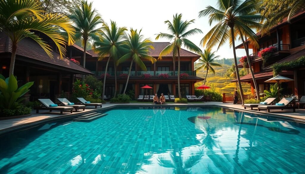 A luxurious hotel in Bali nestled amidst lush green palm trees, featuring traditional Balinese architecture with intricately carved wooden elements. In the foreground, a tranquil infinity pool reflects the clear blue sky, with comfortable sun loungers positioned at the edge. The middle ground showcases the hotel building, with balconies adorned with colorful flowers, and guests enjoying the serene environment in modest casual clothing. In the background, the vibrant landscape of Bali's rice terraces is visible under warm, golden sunlight, creating a peaceful and inviting atmosphere. The scene is captured with a wide-angle lens, emphasizing the expansive tropical beauty. The overall mood is serene and inviting, perfect for a relaxing getaway. A luxurious hotel in Bali nestled amidst lush green palm trees, featuring traditional Balinese architecture with intricately carved wooden elements. In the foreground, a tranquil infinity pool reflects the clear blue sky, with comfortable sun loungers positioned at the edge. The middle ground showcases the hotel building, with balconies adorned with colorful flowers, and guests enjoying the serene environment in modest casual clothing. In the background, the vibrant landscape of Bali's rice terraces is visible under warm, golden sunlight, creating a peaceful and inviting atmosphere. The scene is captured with a wide-angle lens, emphasizing the expansive tropical beauty. The overall mood is serene and inviting, perfect for a relaxing getaway.