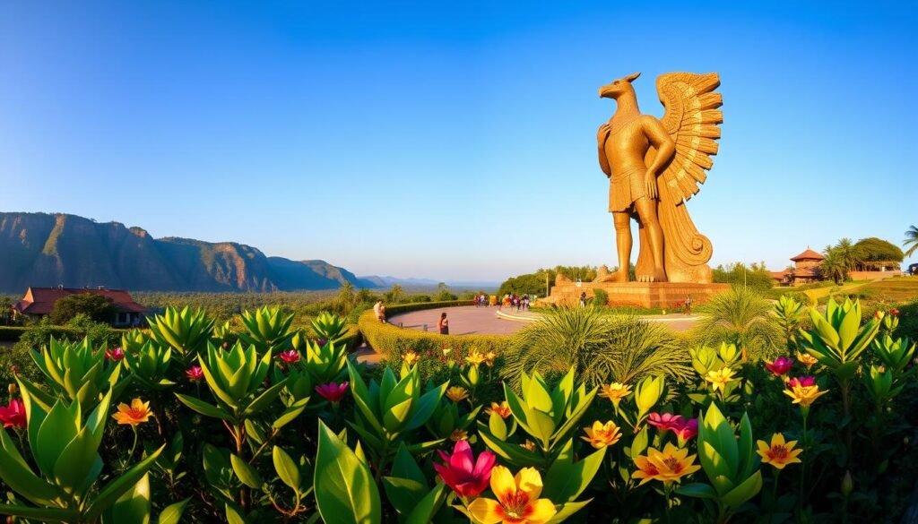 A panoramic view of the GWK Cultural Park statue, showcasing the majestic Garuda Wisnu Kencana statue with intricate details in its stone carvings. In the foreground, a lush green landscape with tropical plants and vibrant flowers, conveying a sense of natural beauty. The middle ground features the statue towering prominently, standing against a clear blue sky. The background includes distant cliffs and traditional Balinese architecture, enhancing the cultural significance of the park. The lighting is warm and golden, simulating a late afternoon sun that casts soft shadows and highlights the textures of the statue. The atmosphere is serene and inspiring, inviting visitors to appreciate both the art and the surrounding nature. No text or watermarks in the image. A panoramic view of the GWK Cultural Park statue, showcasing the majestic Garuda Wisnu Kencana statue with intricate details in its stone carvings. In the foreground, a lush green landscape with tropical plants and vibrant flowers, conveying a sense of natural beauty. The middle ground features the statue towering prominently, standing against a clear blue sky. The background includes distant cliffs and traditional Balinese architecture, enhancing the cultural significance of the park. The lighting is warm and golden, simulating a late afternoon sun that casts soft shadows and highlights the textures of the statue. The atmosphere is serene and inspiring, inviting visitors to appreciate both the art and the surrounding nature. No text or watermarks in the image.