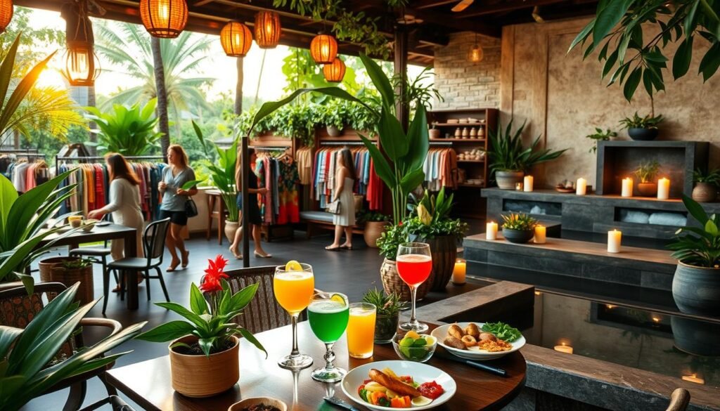 A peaceful scene set in a luxurious Bali eatery, featuring a beautifully arranged outdoor dining area with vibrant tropical plants and hanging lanterns. In the foreground, a stylish table is elegantly set with colorful local dishes and refreshing drinks, inviting a sense of indulgence. In the middle ground, shoppers browse through quaint boutique stalls filled with handmade crafts and clothing, all surrounded by lush greenery. The background showcases a serene spa environment with calming water features and soft candles, offering a perfect blend of relaxation. Soft golden hour lighting bathes the scene, creating a warm and inviting atmosphere, captured with a slightly elevated angle to showcase the community vibe. The mood is tranquil, harmonious, and indulgent, perfect for showcasing the essence of Bali's culinary, shopping, and spa experiences. A peaceful scene set in a luxurious Bali eatery, featuring a beautifully arranged outdoor dining area with vibrant tropical plants and hanging lanterns. In the foreground, a stylish table is elegantly set with colorful local dishes and refreshing drinks, inviting a sense of indulgence. In the middle ground, shoppers browse through quaint boutique stalls filled with handmade crafts and clothing, all surrounded by lush greenery. The background showcases a serene spa environment with calming water features and soft candles, offering a perfect blend of relaxation. Soft golden hour lighting bathes the scene, creating a warm and inviting atmosphere, captured with a slightly elevated angle to showcase the community vibe. The mood is tranquil, harmonious, and indulgent, perfect for showcasing the essence of Bali's culinary, shopping, and spa experiences.