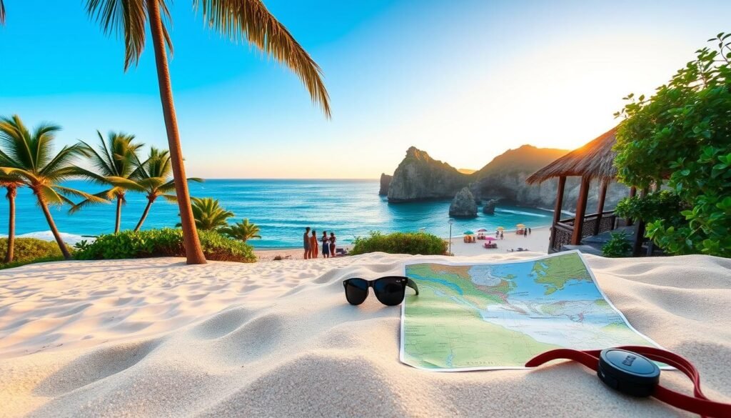 A picturesque Nusa Penida landscape showcasing a detailed travel itinerary. In the foreground, a vibrant beach with soft white sand and turquoise waves gently lapping at the shore. Picture palm trees and lush green foliage framing the scene, with a map and travel essentials like sunglasses and a camera placed artfully on the sand. In the middle ground, dramatic cliffs rise above the coast, dotted with colorful beach umbrellas and tourists enjoying the sun, dressed in modest casual clothing. The background features the iconic Kelingking Beach, with its unique rock formations under a clear blue sky. The lighting is warm and inviting, capturing the vibrant colors of sunset, creating a relaxed and joyful travel atmosphere, perfect for inspiring visitors to explore Nusa Penida. A picturesque Nusa Penida landscape showcasing a detailed travel itinerary. In the foreground, a vibrant beach with soft white sand and turquoise waves gently lapping at the shore. Picture palm trees and lush green foliage framing the scene, with a map and travel essentials like sunglasses and a camera placed artfully on the sand. In the middle ground, dramatic cliffs rise above the coast, dotted with colorful beach umbrellas and tourists enjoying the sun, dressed in modest casual clothing. The background features the iconic Kelingking Beach, with its unique rock formations under a clear blue sky. The lighting is warm and inviting, capturing the vibrant colors of sunset, creating a relaxed and joyful travel atmosphere, perfect for inspiring visitors to explore Nusa Penida.