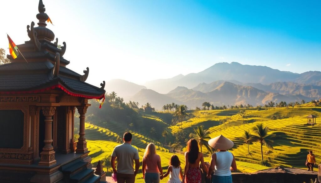 A picturesque scene in Ubud, Bali, showcasing the stunning rice terraces cascading down lush green hills. In the foreground, a vibrant traditional Balinese temple adorned with intricate carvings and colorful flags captures the eye. A family in modest casual attire enjoys the serene landscape, highlighting the connection between culture and nature. The middle ground features the iconic rice paddies, with farmers in conical hats tending to the fields, surrounded by palm trees under a bright blue sky. In the background, majestic volcanic mountains provide a breathtaking contrast, illuminated by warm golden sunlight, creating a tranquil and inviting atmosphere. The scene conveys a sense of peace, harmony, and the beauty of Ubud’s cultural heritage. A picturesque scene in Ubud, Bali, showcasing the stunning rice terraces cascading down lush green hills. In the foreground, a vibrant traditional Balinese temple adorned with intricate carvings and colorful flags captures the eye. A family in modest casual attire enjoys the serene landscape, highlighting the connection between culture and nature. The middle ground features the iconic rice paddies, with farmers in conical hats tending to the fields, surrounded by palm trees under a bright blue sky. In the background, majestic volcanic mountains provide a breathtaking contrast, illuminated by warm golden sunlight, creating a tranquil and inviting atmosphere. The scene conveys a sense of peace, harmony, and the beauty of Ubud’s cultural heritage.