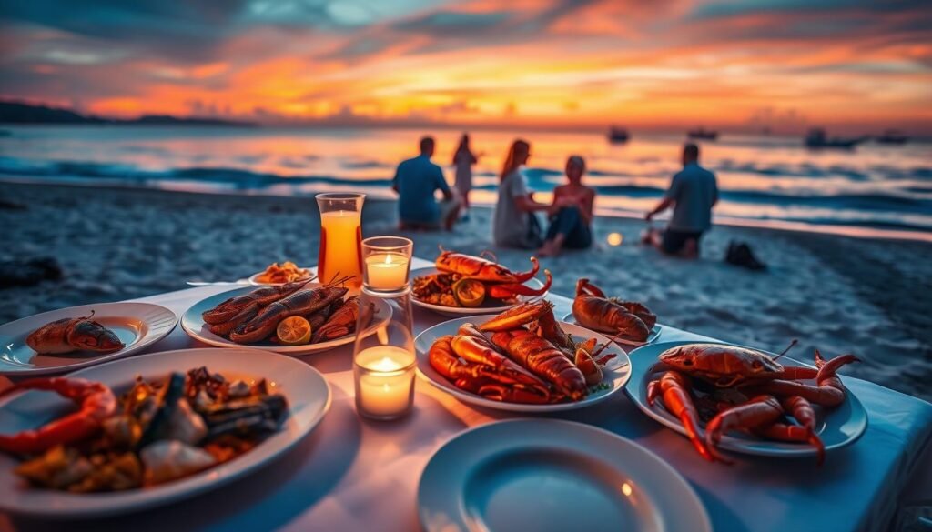 A picturesque seaside scene at Jimbaran during sunset, featuring a table set with an array of freshly grilled seafood, including fish, prawns, and crab. In the foreground, a cozy dining setup with elegant plates and soft illumination from candlelight, creating a warm and inviting atmosphere. The middle ground showcases visitors enjoying their meals on a soft-sand beach, dressed in casual, modest clothing, basking in the glow of the vibrant orange and pink hues of the sunset sky. In the background, gentle waves lap against the shore, with the silhouettes of distant fishing boats against the colorful horizon. The scene is captured with a slight tilt-shift lens for a dreamy, intimate feel, emphasizing the relaxed and serene mood of an evening in Bali. A picturesque seaside scene at Jimbaran during sunset, featuring a table set with an array of freshly grilled seafood, including fish, prawns, and crab. In the foreground, a cozy dining setup with elegant plates and soft illumination from candlelight, creating a warm and inviting atmosphere. The middle ground showcases visitors enjoying their meals on a soft-sand beach, dressed in casual, modest clothing, basking in the glow of the vibrant orange and pink hues of the sunset sky. In the background, gentle waves lap against the shore, with the silhouettes of distant fishing boats against the colorful horizon. The scene is captured with a slight tilt-shift lens for a dreamy, intimate feel, emphasizing the relaxed and serene mood of an evening in Bali.