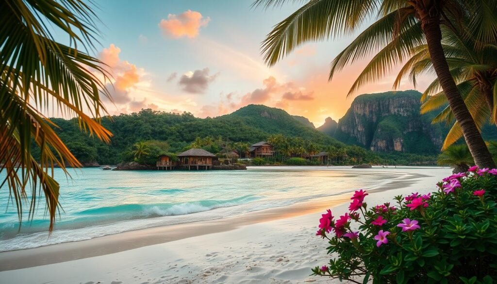 A picturesque tropical island scene depicting Nusa Lembongan, Nusa Penida, and the Gili Islands. In the foreground, soft white sand beaches lined with swaying palm trees create a serene atmosphere. A vibrant turquoise lagoon reflects the sunlight, with gentle waves lapping at the shore. In the middle ground, lush green hills rise, dotted with quaint, rustic bungalows and tropical flowers in full bloom. The background reveals a stunning sunset, casting warm orange and pink hues across the sky and illuminating the dramatic cliffs of Nusa Penida. Captured with a wide-angle lens to emphasize depth, the lighting creates a tranquil, inviting ambiance, perfect for an island escape. A picturesque tropical island scene depicting Nusa Lembongan, Nusa Penida, and the Gili Islands. In the foreground, soft white sand beaches lined with swaying palm trees create a serene atmosphere. A vibrant turquoise lagoon reflects the sunlight, with gentle waves lapping at the shore. In the middle ground, lush green hills rise, dotted with quaint, rustic bungalows and tropical flowers in full bloom. The background reveals a stunning sunset, casting warm orange and pink hues across the sky and illuminating the dramatic cliffs of Nusa Penida. Captured with a wide-angle lens to emphasize depth, the lighting creates a tranquil, inviting ambiance, perfect for an island escape.