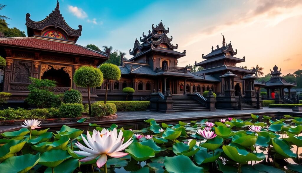 A picturesque view of Ubud Palace, intricately adorned with traditional Balinese architecture featuring ornate carvings and vibrant details. In the foreground, a tranquil lotus pond reflects the palace structure, surrounded by lush green foliage. The middle ground includes elegantly designed walkways leading to the main building, showcasing carved stone sculptures. In the background, the evening sky glows with soft hues of orange and pink, casting a warm light over the scene. The atmosphere is serene, evoking a sense of peace and cultural richness. The image should be captured from a slightly elevated angle to emphasize the palace's grandeur, with soft lighting accentuating the architecture's details. No people are present in the scene, ensuring a focus on the beauty of Ubud Palace and its surroundings. A picturesque view of Ubud Palace, intricately adorned with traditional Balinese architecture featuring ornate carvings and vibrant details. In the foreground, a tranquil lotus pond reflects the palace structure, surrounded by lush green foliage. The middle ground includes elegantly designed walkways leading to the main building, showcasing carved stone sculptures. In the background, the evening sky glows with soft hues of orange and pink, casting a warm light over the scene. The atmosphere is serene, evoking a sense of peace and cultural richness. The image should be captured from a slightly elevated angle to emphasize the palace's grandeur, with soft lighting accentuating the architecture's details. No people are present in the scene, ensuring a focus on the beauty of Ubud Palace and its surroundings.