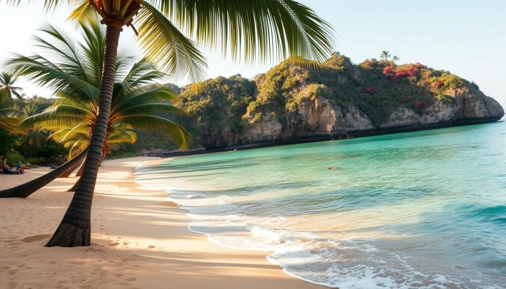 A secluded, hidden gem beach in Bali, with soft, golden sand gently kissed by crystal-clear turquoise waters. In the foreground, lush green palm trees sway slightly in a light breeze, casting playful shadows on the sand. The middle ground features the tranquil sea, with gentle waves lapping at the shore and a few small colorful coral reefs just beneath the surface, hinting at great snorkeling potential. In the background, dramatic cliffs adorned with vibrant tropical foliage rise steeply, framing the beach. The scene is bathed in warm, golden hour sunlight, creating a serene and inviting atmosphere. The angle captures the stretch of the beach, showcasing its untouched beauty, perfect for those seeking an escape from the crowded tourist spots. The mood is peaceful, tranquil, and idyllic. A secluded, hidden gem beach in Bali, with soft, golden sand gently kissed by crystal-clear turquoise waters. In the foreground, lush green palm trees sway slightly in a light breeze, casting playful shadows on the sand. The middle ground features the tranquil sea, with gentle waves lapping at the shore and a few small colorful coral reefs just beneath the surface, hinting at great snorkeling potential. In the background, dramatic cliffs adorned with vibrant tropical foliage rise steeply, framing the beach. The scene is bathed in warm, golden hour sunlight, creating a serene and inviting atmosphere. The angle captures the stretch of the beach, showcasing its untouched beauty, perfect for those seeking an escape from the crowded tourist spots. The mood is peaceful, tranquil, and idyllic.
