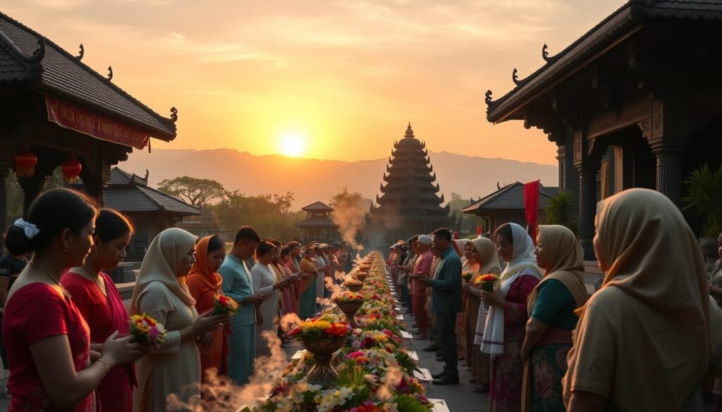 A serene Bali temple scene depicting a traditional ritual. In the foreground, a group of diverse participants dressed in modest, colorful Balinese attire, engaged in prayer and offerings. They hold beautifully arranged floral offerings with incense smoke gently rising. The middle ground features intricately carved temple structures adorned with vibrant banners and lush greenery. In the background, the soft silhouette of mountains under a warm, golden sunset sky casts a peaceful glow. The atmosphere is tranquil and respectful, capturing the essence of spirituality and harmony. The image is shot with a wide-angle lens to emphasize the temple's grandeur, with soft focus on participants, creating depth and inviting viewers into this sacred moment. A serene Bali temple scene depicting a traditional ritual. In the foreground, a group of diverse participants dressed in modest, colorful Balinese attire, engaged in prayer and offerings. They hold beautifully arranged floral offerings with incense smoke gently rising. The middle ground features intricately carved temple structures adorned with vibrant banners and lush greenery. In the background, the soft silhouette of mountains under a warm, golden sunset sky casts a peaceful glow. The atmosphere is tranquil and respectful, capturing the essence of spirituality and harmony. The image is shot with a wide-angle lens to emphasize the temple's grandeur, with soft focus on participants, creating depth and inviting viewers into this sacred moment.