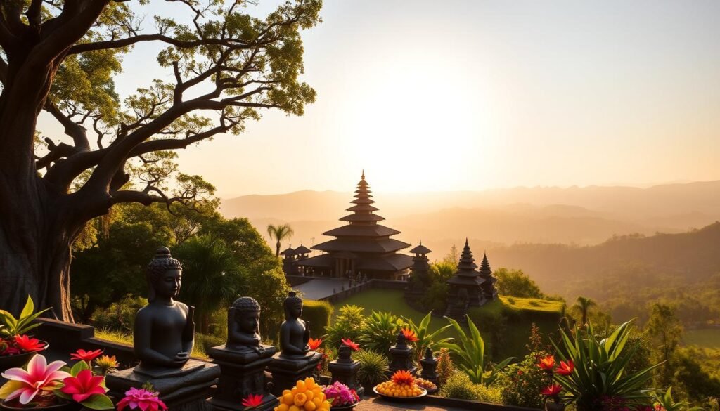 A serene Balinese temple sits majestically atop a lush green hill, surrounded by ancient trees and vibrant tropical flowers. The foreground features intricately carved stone statues and offerings of colorful fruit and flowers, symbolizing the island's rich spirituality. In the middle ground, the temple's elaborate architecture showcases tiered roofs adorned with intricate decorations, reflecting the craftsmanship of Balinese culture. The background transitions into rolling hills, under a golden sunset that bathes the scene in warm, ethereal light, creating a tranquil atmosphere. The scene captures the essence of Bali’s sacred sites, evoking feelings of reverence and peace. The image should be taken from a slightly elevated angle, providing a sweeping view that invites viewers to explore the beauty and spirituality of this enchanting location. A serene Balinese temple sits majestically atop a lush green hill, surrounded by ancient trees and vibrant tropical flowers. The foreground features intricately carved stone statues and offerings of colorful fruit and flowers, symbolizing the island's rich spirituality. In the middle ground, the temple's elaborate architecture showcases tiered roofs adorned with intricate decorations, reflecting the craftsmanship of Balinese culture. The background transitions into rolling hills, under a golden sunset that bathes the scene in warm, ethereal light, creating a tranquil atmosphere. The scene captures the essence of Bali’s sacred sites, evoking feelings of reverence and peace. The image should be taken from a slightly elevated angle, providing a sweeping view that invites viewers to explore the beauty and spirituality of this enchanting location.