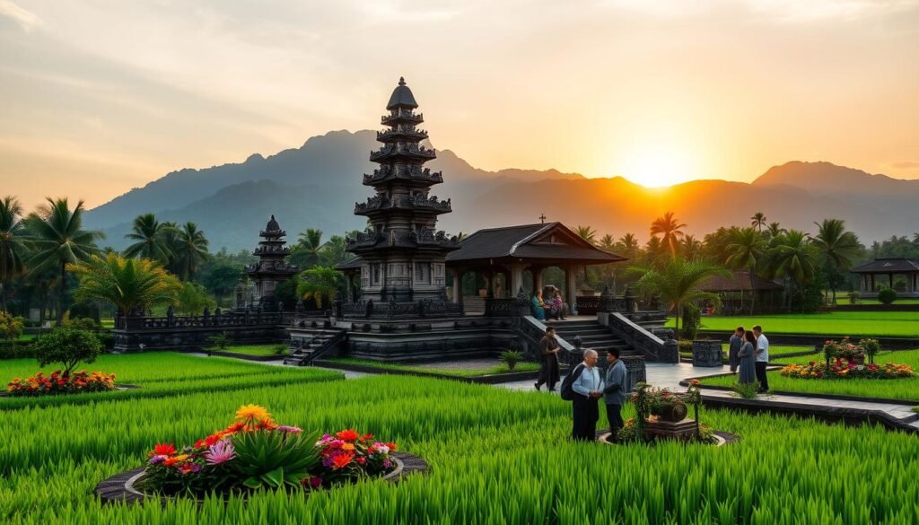 A serene Balinese temple surrounded by lush green rice paddies, showcasing intricate stone carvings and ornate architecture reflecting the beauty of Balinese Hinduism. In the foreground, a tranquil garden adorned with vibrant tropical flowers and small shrines dedicated to various spirits, symbolizing the connection between nature and spirituality. In the middle ground, the majestic temple towers rise with traditional Balinese roofs, while worshippers in modest attire engage in spiritual practices, creating a sense of community. The background features dramatic volcanic mountains under a warm, golden sunset, casting soft shadows and enhancing the tranquil atmosphere. Use a wide-angle lens to capture this harmonious scene, emphasizing the depth and peacefulness of this sacred site. A serene Balinese temple surrounded by lush green rice paddies, showcasing intricate stone carvings and ornate architecture reflecting the beauty of Balinese Hinduism. In the foreground, a tranquil garden adorned with vibrant tropical flowers and small shrines dedicated to various spirits, symbolizing the connection between nature and spirituality. In the middle ground, the majestic temple towers rise with traditional Balinese roofs, while worshippers in modest attire engage in spiritual practices, creating a sense of community. The background features dramatic volcanic mountains under a warm, golden sunset, casting soft shadows and enhancing the tranquil atmosphere. Use a wide-angle lens to capture this harmonious scene, emphasizing the depth and peacefulness of this sacred site.