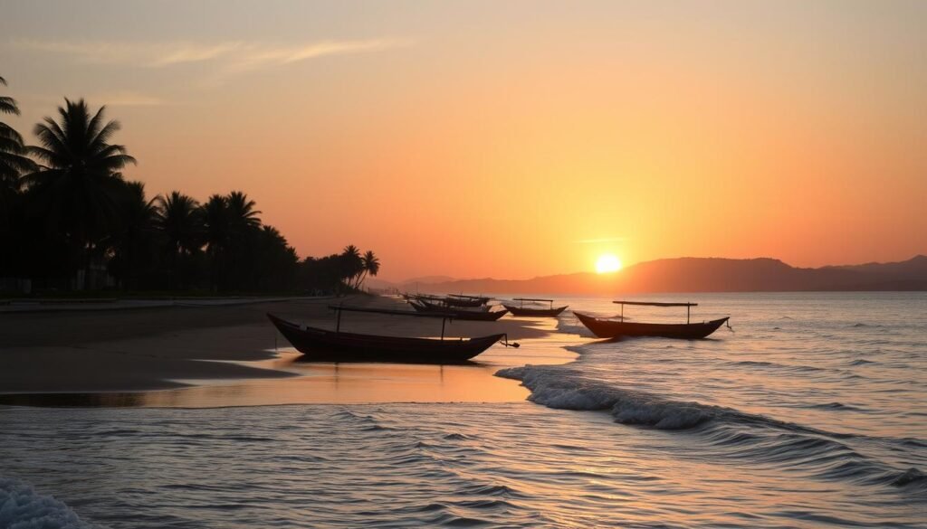 A serene Sanur coast at sunrise, showcasing the tranquil beauty of Bali. In the foreground, gentle waves lap against the sandy shore, glistening in the soft, golden light of dawn. Silhouettes of traditional Balinese fishing boats rest quietly on the water, creating a picturesque scene. The middle ground features a scenic pathway lined with palm trees, their fronds swaying lightly in a mild breeze. In the background, the sun rises majestically above the horizon, casting vibrant hues of orange, pink, and purple across the sky, illuminating distant hills. The atmosphere is peaceful and inviting, embodying the easygoing charm of Sanur, perfect for capturing the allure of this top tourist attraction. Use a wide-angle lens to enhance the expansive view, with soft focus on the foreground, highlighting the calm and dreamy essence of a Bali sunrise. A serene Sanur coast at sunrise, showcasing the tranquil beauty of Bali. In the foreground, gentle waves lap against the sandy shore, glistening in the soft, golden light of dawn. Silhouettes of traditional Balinese fishing boats rest quietly on the water, creating a picturesque scene. The middle ground features a scenic pathway lined with palm trees, their fronds swaying lightly in a mild breeze. In the background, the sun rises majestically above the horizon, casting vibrant hues of orange, pink, and purple across the sky, illuminating distant hills. The atmosphere is peaceful and inviting, embodying the easygoing charm of Sanur, perfect for capturing the allure of this top tourist attraction. Use a wide-angle lens to enhance the expansive view, with soft focus on the foreground, highlighting the calm and dreamy essence of a Bali sunrise.