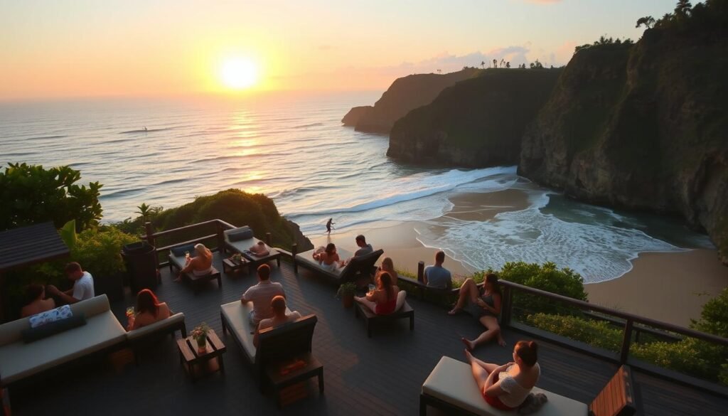 A serene Uluwatu landscape at sunset, capturing the essence of tranquility and adventure. In the foreground, a cozy beach club with comfortable lounge chairs and a wooden deck, dotted with guests in modest beach attire enjoying refreshments. The middle ground features dramatic cliffs with lush greenery, gently sloping down to a pristine sandy beach. The sun dips below the horizon, casting warm golden rays and long shadows across the scene, creating a peaceful atmosphere. In the background, the waves crash rhythmically against the cliffs, with surfers catching the last waves of the day. The angle is slightly elevated, allowing for a panoramic view that encapsulates the beauty of Uluwatu. The scene is vibrant, inviting, and perfect for showcasing the allure of this tropical paradise. A serene Uluwatu landscape at sunset, capturing the essence of tranquility and adventure. In the foreground, a cozy beach club with comfortable lounge chairs and a wooden deck, dotted with guests in modest beach attire enjoying refreshments. The middle ground features dramatic cliffs with lush greenery, gently sloping down to a pristine sandy beach. The sun dips below the horizon, casting warm golden rays and long shadows across the scene, creating a peaceful atmosphere. In the background, the waves crash rhythmically against the cliffs, with surfers catching the last waves of the day. The angle is slightly elevated, allowing for a panoramic view that encapsulates the beauty of Uluwatu. The scene is vibrant, inviting, and perfect for showcasing the allure of this tropical paradise.