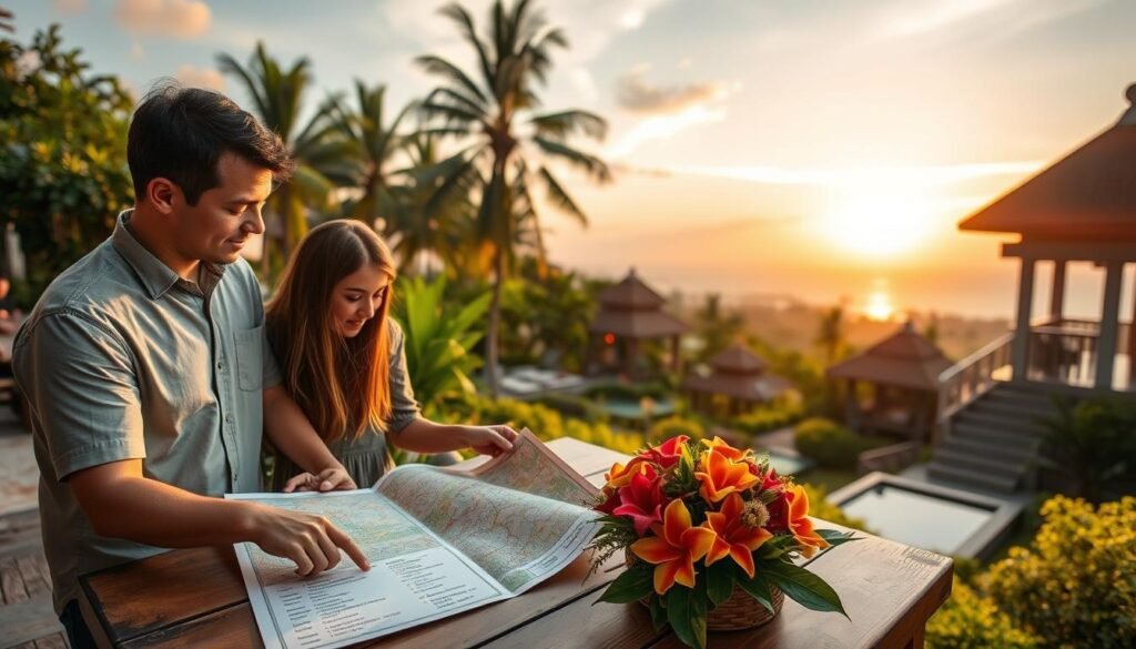 A serene and inviting Bali landscape showcasing a variety of accommodation options, from luxury villas to intimate boutique hotels. In the foreground, a couple in modest casual clothing examines a printed guide, pointing to various locations on a map spread out on a rustic wooden table adorned with tropical flowers. The middle ground features lush greenery, palm trees, and colorful Balinese architecture, creating a warm, vibrant atmosphere. In the background, a stunning sunset casts golden hues over the sky, enhancing the tranquil setting. The scene is brightly lit, as if in the golden hour, with a soft focus on the surroundings to draw attention to the couple and their planning activity. The overall mood is relaxed and hopeful, ideal for travelers seeking their perfect Bali base. A serene and inviting Bali landscape showcasing a variety of accommodation options, from luxury villas to intimate boutique hotels. In the foreground, a couple in modest casual clothing examines a printed guide, pointing to various locations on a map spread out on a rustic wooden table adorned with tropical flowers. The middle ground features lush greenery, palm trees, and colorful Balinese architecture, creating a warm, vibrant atmosphere. In the background, a stunning sunset casts golden hues over the sky, enhancing the tranquil setting. The scene is brightly lit, as if in the golden hour, with a soft focus on the surroundings to draw attention to the couple and their planning activity. The overall mood is relaxed and hopeful, ideal for travelers seeking their perfect Bali base.
