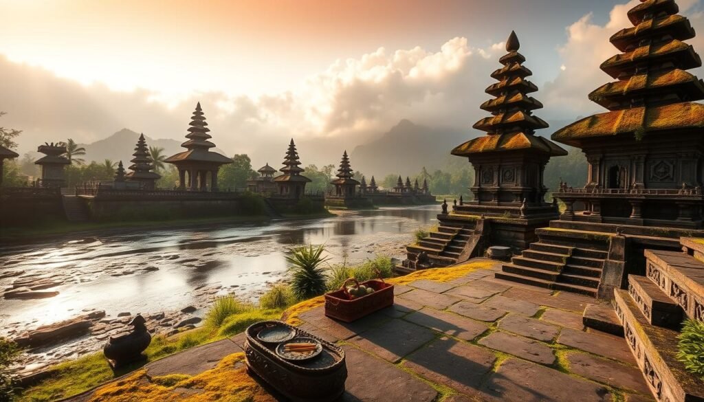 A serene and mystical landscape featuring the Sad Kahyangan Jagat temples, showcasing the six directional temples of Bali. In the foreground, intricately carved stone structures adorned with moss and surrounded by lush greenery. The middle ground reveals a gently flowing river reflecting the temples, with traditional Balinese offerings placed on the banks. The background is filled with misty mountains, shrouded in soft clouds, imparting a sense of tranquility. The scene is illuminated by warm, golden sunlight, creating a soft, ethereal atmosphere. Capture this in a wide-angle view, emphasizing the harmony between nature and spirituality, with a slightly elevated perspective to include both the temples and the natural surroundings. A serene and mystical landscape featuring the Sad Kahyangan Jagat temples, showcasing the six directional temples of Bali. In the foreground, intricately carved stone structures adorned with moss and surrounded by lush greenery. The middle ground reveals a gently flowing river reflecting the temples, with traditional Balinese offerings placed on the banks. The background is filled with misty mountains, shrouded in soft clouds, imparting a sense of tranquility. The scene is illuminated by warm, golden sunlight, creating a soft, ethereal atmosphere. Capture this in a wide-angle view, emphasizing the harmony between nature and spirituality, with a slightly elevated perspective to include both the temples and the natural surroundings.
