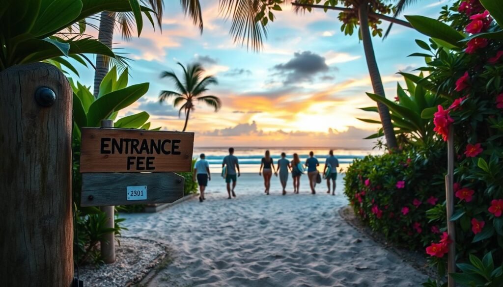 A serene beach entrance in Bali, framed by lush tropical greenery and vibrant flowers. In the foreground, a wooden signpost displaying “Entrance Fee” with a small price tag, artistically weathered to reflect local craftsmanship. In the middle ground, a sandy path leads toward the beach, with visitors casually strolling, dressed in modest beachwear. Some carry surfboards while others hold snorkeling gear, exuding an air of excitement. The background features a stunning sunset sky painted in hues of orange, pink, and purple, casting a warm glow over the gentle waves lapping at the shore. Capture this scene with soft diffused lighting to enhance the inviting atmosphere, shot at a slight angle to emphasize the entrance and the surrounding beauty. A serene beach entrance in Bali, framed by lush tropical greenery and vibrant flowers. In the foreground, a wooden signpost displaying “Entrance Fee” with a small price tag, artistically weathered to reflect local craftsmanship. In the middle ground, a sandy path leads toward the beach, with visitors casually strolling, dressed in modest beachwear. Some carry surfboards while others hold snorkeling gear, exuding an air of excitement. The background features a stunning sunset sky painted in hues of orange, pink, and purple, casting a warm glow over the gentle waves lapping at the shore. Capture this scene with soft diffused lighting to enhance the inviting atmosphere, shot at a slight angle to emphasize the entrance and the surrounding beauty.