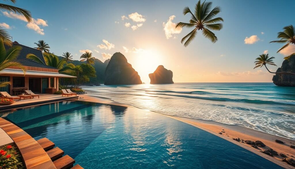 A serene beach view on Nusa Penida, showcasing a luxurious beachfront villa in the foreground with a stunning infinity pool. The villa features modern architecture blended with traditional Balinese elements, surrounded by tropical greenery and vibrant flowers. In the middle ground, gentle waves lap against the sandy shore, reflecting the golden hues of a sunset. The background captures dramatic limestone cliffs rising majestically from the turquoise ocean, with scattered palm trees framing the scene. The lighting is warm and inviting, casting soft shadows that enhance the tranquil atmosphere. A wide-angle perspective emphasizes the beauty of this tropical paradise, invoking feelings of relaxation and escape. A serene beach view on Nusa Penida, showcasing a luxurious beachfront villa in the foreground with a stunning infinity pool. The villa features modern architecture blended with traditional Balinese elements, surrounded by tropical greenery and vibrant flowers. In the middle ground, gentle waves lap against the sandy shore, reflecting the golden hues of a sunset. The background captures dramatic limestone cliffs rising majestically from the turquoise ocean, with scattered palm trees framing the scene. The lighting is warm and inviting, casting soft shadows that enhance the tranquil atmosphere. A wide-angle perspective emphasizes the beauty of this tropical paradise, invoking feelings of relaxation and escape.