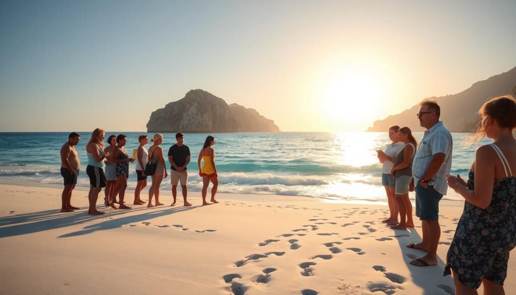 A serene coastal scene depicting ocean awareness, with a bright, sunny sky reflecting off the clear blue waters of Nusa Penida. In the foreground, a diverse group of people in modest casual clothing, engaged in beach safety activities, such as checking out tide charts and discussing safe swimming zones. In the middle ground, soft white sand beaches with footprints leading towards the inviting ocean waves. Coral reefs can be seen just beneath the surface, hinting at the rich marine life below. In the background, dramatic cliffs characteristic of Nusa Penida rise majestically under a vibrant sunset, adding warmth to the atmosphere. The lighting is warm, enhancing the tranquil and educational mood of the image. A serene coastal scene depicting ocean awareness, with a bright, sunny sky reflecting off the clear blue waters of Nusa Penida. In the foreground, a diverse group of people in modest casual clothing, engaged in beach safety activities, such as checking out tide charts and discussing safe swimming zones. In the middle ground, soft white sand beaches with footprints leading towards the inviting ocean waves. Coral reefs can be seen just beneath the surface, hinting at the rich marine life below. In the background, dramatic cliffs characteristic of Nusa Penida rise majestically under a vibrant sunset, adding warmth to the atmosphere. The lighting is warm, enhancing the tranquil and educational mood of the image.