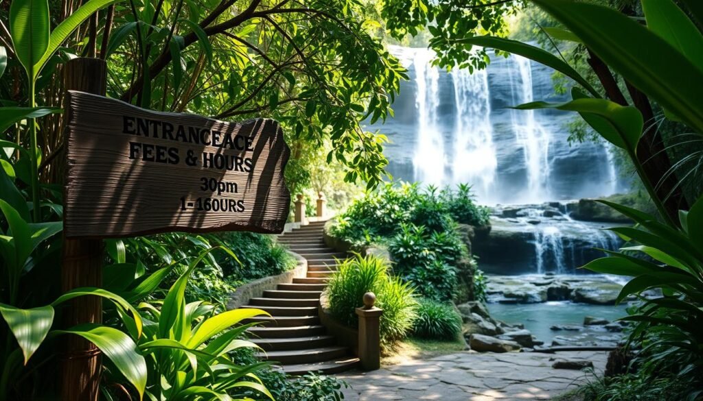 A serene entrance to a scenic waterfall in Bali, showcasing vibrant greenery with lush tropical plants framing the pathway. In the foreground, a wooden sign displaying entrance fees and hours, artistically weathered, blends harmoniously with the natural surroundings. The middle ground features a winding path leading to the cascading waterfall, with hints of sunlight filtering through the leaves, creating a warm, inviting atmosphere. The background reveals the majestic waterfall, glistening in the daylight as water plunges into a crystal-clear pool below, surrounded by smooth stones. The scene is captured from a low angle, emphasizing the grandeur of the landscape and evoking a sense of adventure and tranquility in this hidden paradise. A serene entrance to a scenic waterfall in Bali, showcasing vibrant greenery with lush tropical plants framing the pathway. In the foreground, a wooden sign displaying entrance fees and hours, artistically weathered, blends harmoniously with the natural surroundings. The middle ground features a winding path leading to the cascading waterfall, with hints of sunlight filtering through the leaves, creating a warm, inviting atmosphere. The background reveals the majestic waterfall, glistening in the daylight as water plunges into a crystal-clear pool below, surrounded by smooth stones. The scene is captured from a low angle, emphasizing the grandeur of the landscape and evoking a sense of adventure and tranquility in this hidden paradise.
