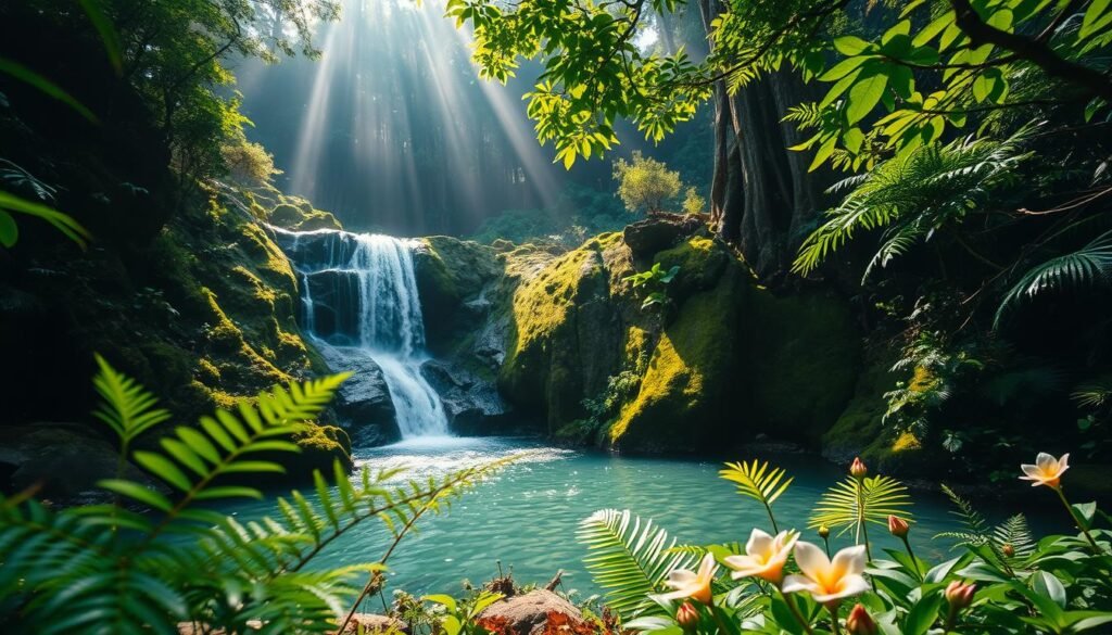 A serene hidden waterfall cascading down moss-covered rocks in a lush Balinese jungle, surrounded by vibrant green foliage. In the foreground, delicate ferns and tropical flowers frame the scene, while the middle ground features the shimmering plunge pool reflecting the sunlight. The background reveals towering trees shrouded in gentle mist, adding depth and mystery. Soft, dappled sunlight filters through the leaves, creating a warm, inviting atmosphere. The angle captures the waterfall from a slightly lower perspective, emphasizing its height and natural beauty. Overall, the scene conveys a sense of tranquility, adventure, and the allure of exploring uncharted territories in nature. A serene hidden waterfall cascading down moss-covered rocks in a lush Balinese jungle, surrounded by vibrant green foliage. In the foreground, delicate ferns and tropical flowers frame the scene, while the middle ground features the shimmering plunge pool reflecting the sunlight. The background reveals towering trees shrouded in gentle mist, adding depth and mystery. Soft, dappled sunlight filters through the leaves, creating a warm, inviting atmosphere. The angle captures the waterfall from a slightly lower perspective, emphasizing its height and natural beauty. Overall, the scene conveys a sense of tranquility, adventure, and the allure of exploring uncharted territories in nature.