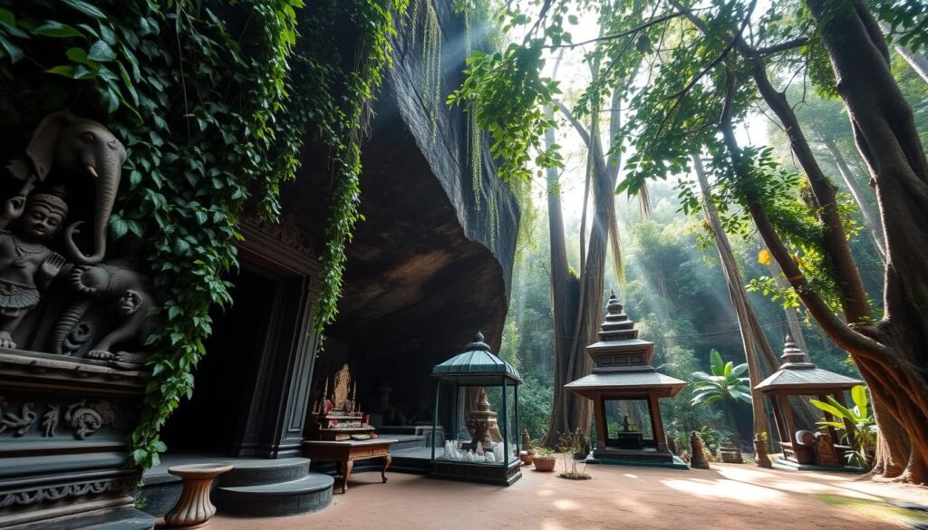 A serene jungle scene featuring Goa Gajah, known as Elephant Cave, in Ubud. In the foreground, intricate ancient carvings of deities and elephants adorn the cave entrance, partially covered by lush green vines. In the middle ground, a tranquil shrine with traditional Balinese offerings sits quietly beside the cave, flanked by tropical foliage and towering trees. The background reveals a dense jungle, with soft rays of sunlight filtering through the leaves, creating dappled lighting that enhances the mystical atmosphere. The scene is captured with a wide-angle lens, emphasizing the scale of the cave and its environment, evoking a sense of peace and ancient history. The mood is calm and reflective, inviting viewers to explore the spiritual essence of this hidden gem in nature. A serene jungle scene featuring Goa Gajah, known as Elephant Cave, in Ubud. In the foreground, intricate ancient carvings of deities and elephants adorn the cave entrance, partially covered by lush green vines. In the middle ground, a tranquil shrine with traditional Balinese offerings sits quietly beside the cave, flanked by tropical foliage and towering trees. The background reveals a dense jungle, with soft rays of sunlight filtering through the leaves, creating dappled lighting that enhances the mystical atmosphere. The scene is captured with a wide-angle lens, emphasizing the scale of the cave and its environment, evoking a sense of peace and ancient history. The mood is calm and reflective, inviting viewers to explore the spiritual essence of this hidden gem in nature.
