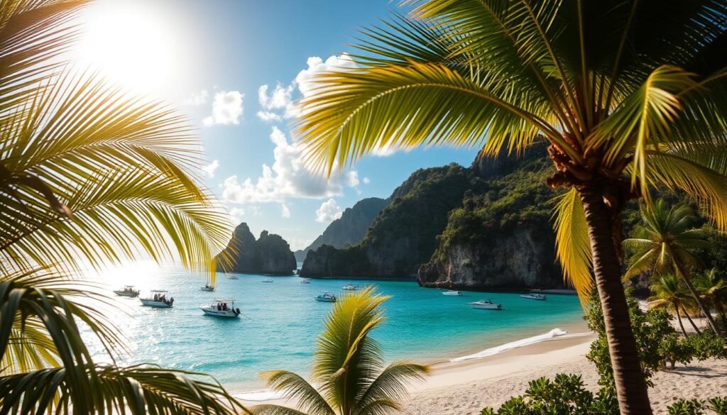 A serene scene capturing a beautiful day on Nusa Penida, Indonesia, showcasing its stunning coastline. In the foreground, vibrant green palm trees gently sway, framing a secluded beach with fine white sand. In the middle ground, clear turquoise waters are dotted with small boats, some moored, others gently rocking with the waves. Behind the beach, dramatic cliffs rise majestically, covered in lush tropical greenery and dotted with vibrant flowers. The background features a bright blue sky with fluffy white clouds, illuminated by the warm golden light of the afternoon sun, creating a tranquil and inviting atmosphere. The image conveys a sense of adventure and relaxation, perfectly embodying the allure of Nusa Penida's idyllic beaches. A serene scene capturing a beautiful day on Nusa Penida, Indonesia, showcasing its stunning coastline. In the foreground, vibrant green palm trees gently sway, framing a secluded beach with fine white sand. In the middle ground, clear turquoise waters are dotted with small boats, some moored, others gently rocking with the waves. Behind the beach, dramatic cliffs rise majestically, covered in lush tropical greenery and dotted with vibrant flowers. The background features a bright blue sky with fluffy white clouds, illuminated by the warm golden light of the afternoon sun, creating a tranquil and inviting atmosphere. The image conveys a sense of adventure and relaxation, perfectly embodying the allure of Nusa Penida's idyllic beaches.