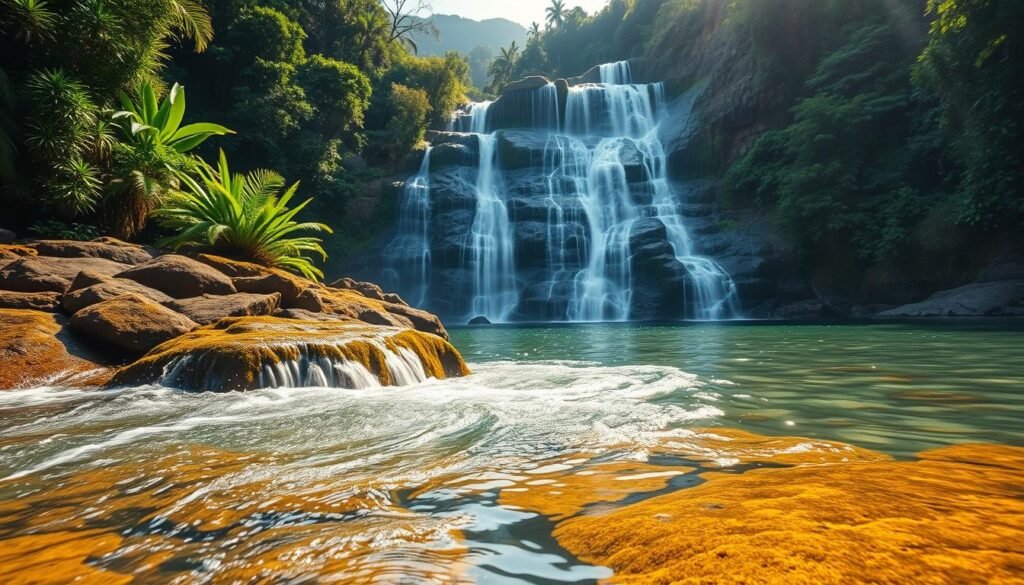 A serene scene of cascading waterfalls near Ubud, Bali, surrounded by lush tropical greenery. In the foreground, crystal-clear water splashes over moss-covered rocks, creating a vibrant pool where sunlight dances on the surface. The middle ground features the majestic waterfalls tumbling from rocky cliffs, framed by rich foliage in various shades of green, hinting at the dense rainforest. In the background, faint silhouettes of steep hills, partially obscured by mist, add depth to the composition. The lighting is soft and golden, evoking a tranquil early morning atmosphere, with a camera angle slightly elevated to capture the grandeur of the falls. The mood is peaceful and inviting, perfect for an escape into nature's beauty. A serene scene of cascading waterfalls near Ubud, Bali, surrounded by lush tropical greenery. In the foreground, crystal-clear water splashes over moss-covered rocks, creating a vibrant pool where sunlight dances on the surface. The middle ground features the majestic waterfalls tumbling from rocky cliffs, framed by rich foliage in various shades of green, hinting at the dense rainforest. In the background, faint silhouettes of steep hills, partially obscured by mist, add depth to the composition. The lighting is soft and golden, evoking a tranquil early morning atmosphere, with a camera angle slightly elevated to capture the grandeur of the falls. The mood is peaceful and inviting, perfect for an escape into nature's beauty.