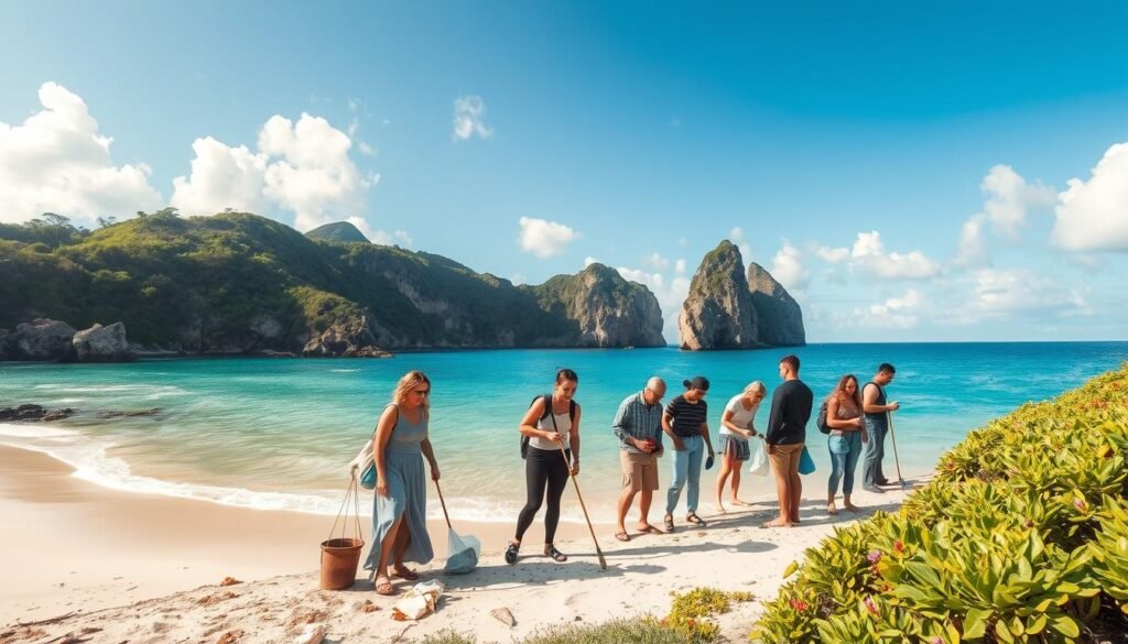 A serene scene on Nusa Penida showcasing responsible travel practices. In the foreground, a diverse group of travelers in modest, casual clothing is picking up litter along a pristine beach, emphasizing environmental stewardship. In the middle ground, gently sloping cliffs adorned with lush greenery and colorful tropical flowers frame the beach, while a crystal-clear ocean glistens under soft, warm sunlight. The background features iconic rock formations rising from the sea, with a bright blue sky scattered with fluffy white clouds. The mood is uplifting and harmonious, conveying respect for nature and cultural heritage. Use a wide-angle lens to capture the expansive beauty of the landscape and the collective effort of the travelers, with a focus on natural light to enhance the vibrant colors of the scene. A serene scene on Nusa Penida showcasing responsible travel practices. In the foreground, a diverse group of travelers in modest, casual clothing is picking up litter along a pristine beach, emphasizing environmental stewardship. In the middle ground, gently sloping cliffs adorned with lush greenery and colorful tropical flowers frame the beach, while a crystal-clear ocean glistens under soft, warm sunlight. The background features iconic rock formations rising from the sea, with a bright blue sky scattered with fluffy white clouds. The mood is uplifting and harmonious, conveying respect for nature and cultural heritage. Use a wide-angle lens to capture the expansive beauty of the landscape and the collective effort of the travelers, with a focus on natural light to enhance the vibrant colors of the scene.